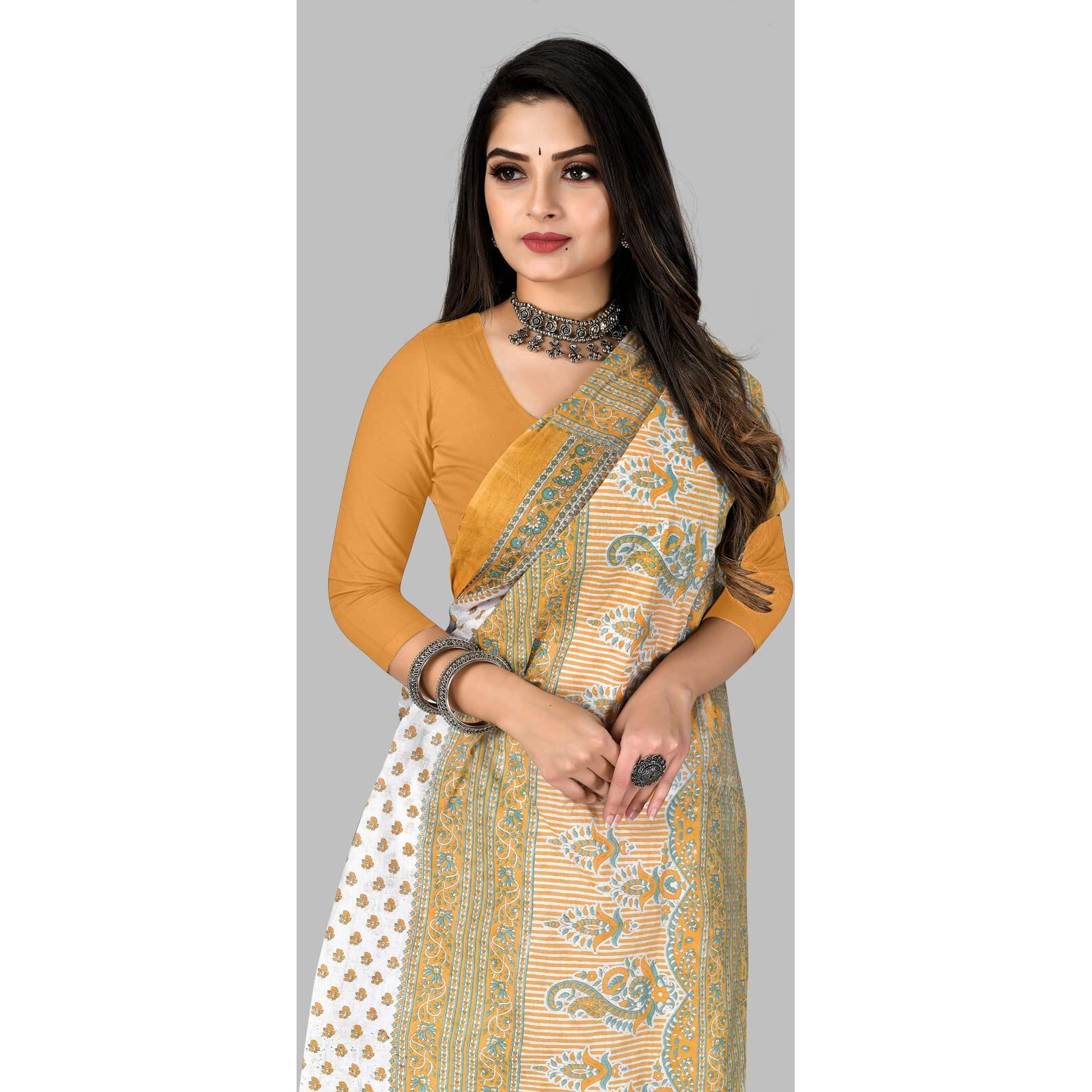 RATAN Pure Cotton Printed Mulmul Saree for Women without Blouse Piece (White-Yellow)