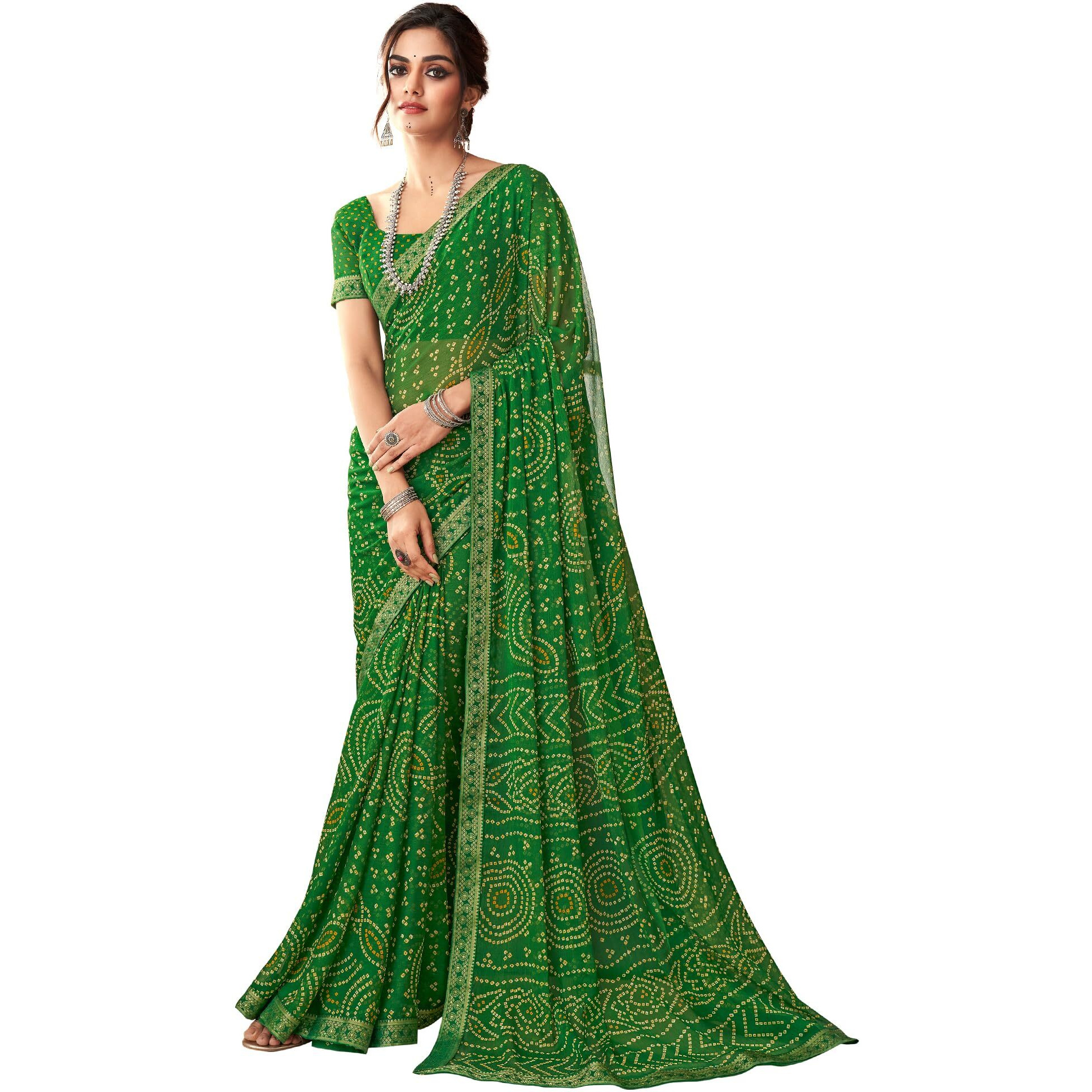 AKHILAM Womens Embellished Lace work Chiffon Bandhani Saree With Unstitched Blouse Piece (Green_SIMYA25803A_TFH)