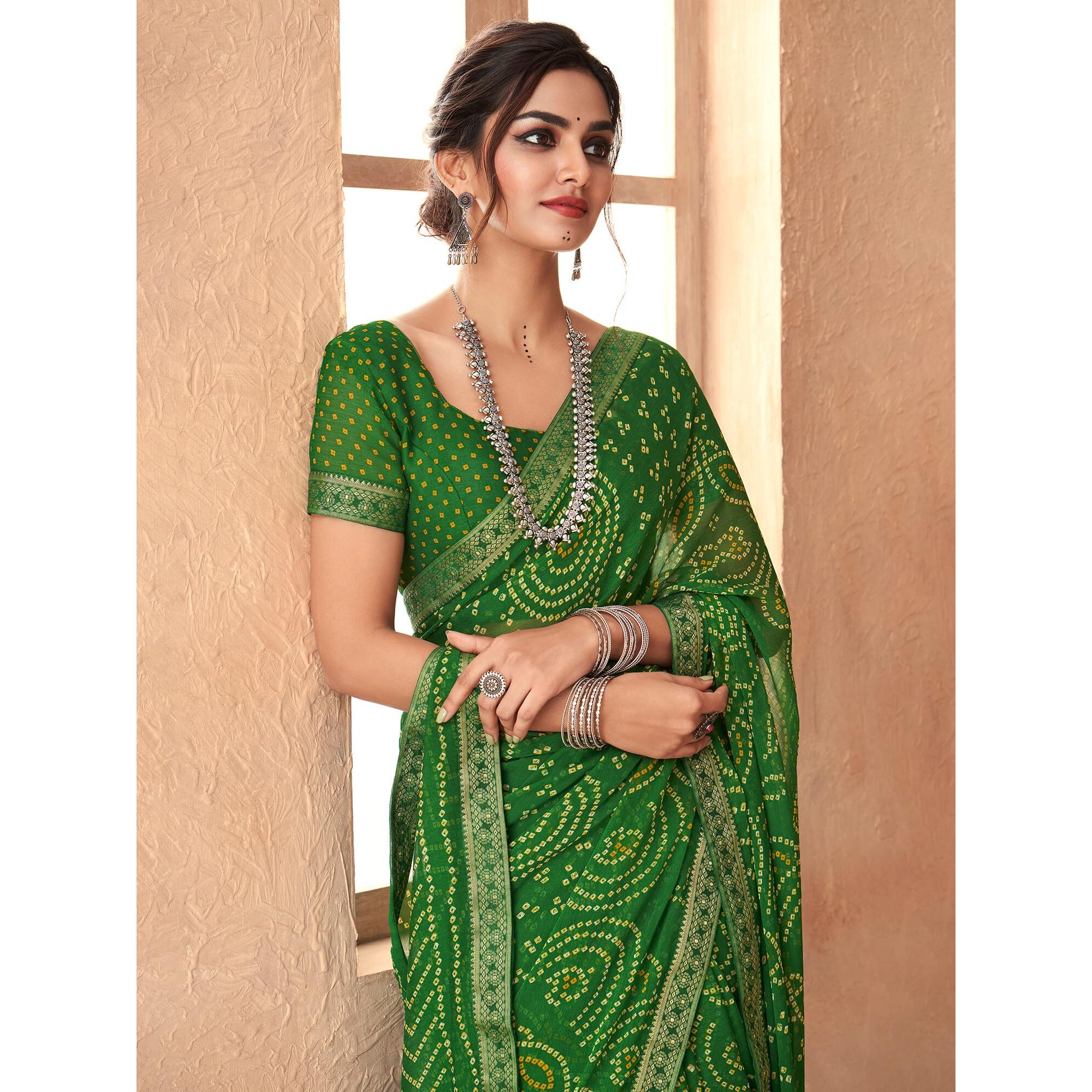 AKHILAM Womens Embellished Lace work Chiffon Bandhani Saree With Unstitched Blouse Piece (Green_SIMYA25803A_TFH)