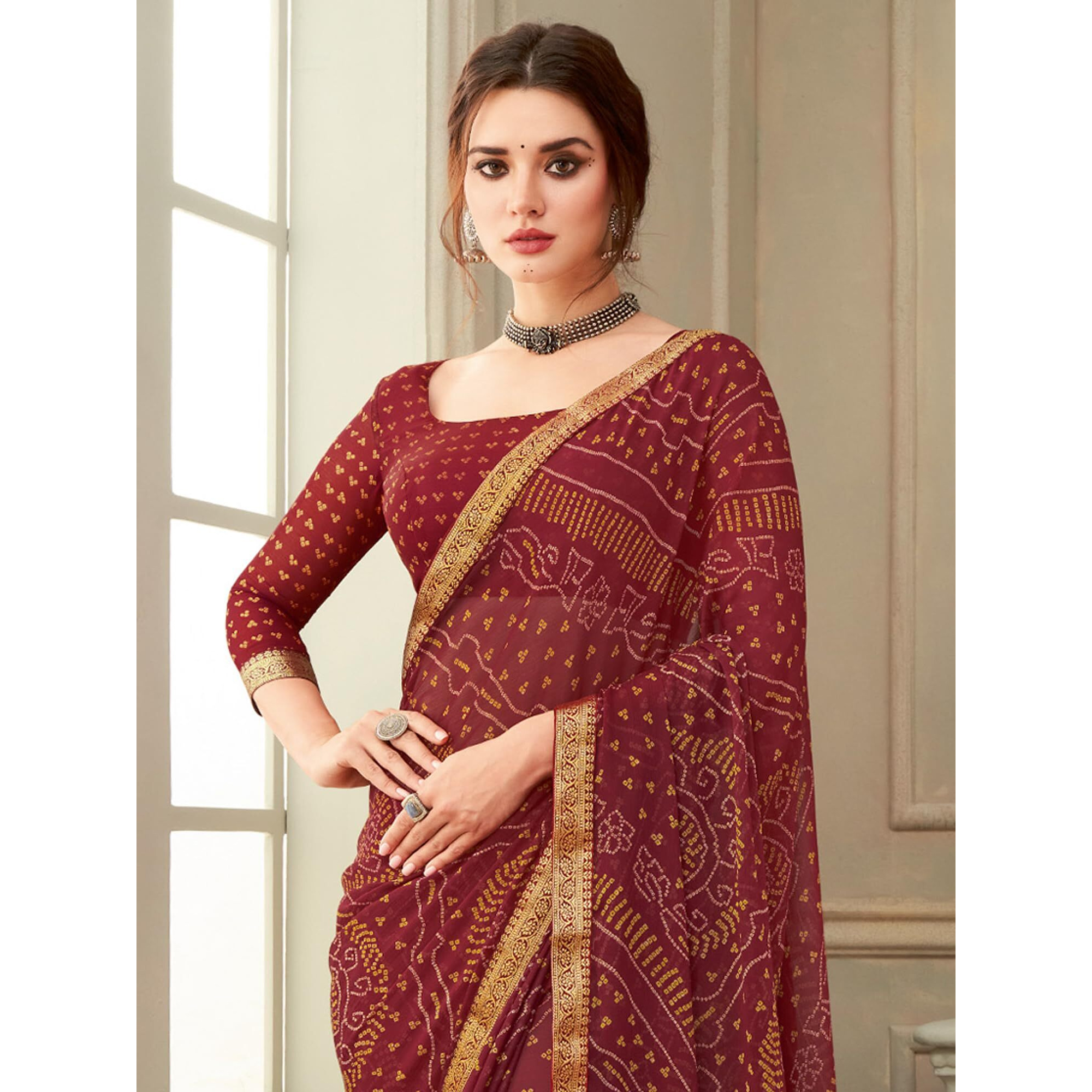 AKHILAM Womens Chiffon Brown Embellished Designer Saree With Blouse Piece (SIMAYA12903B_TFH)