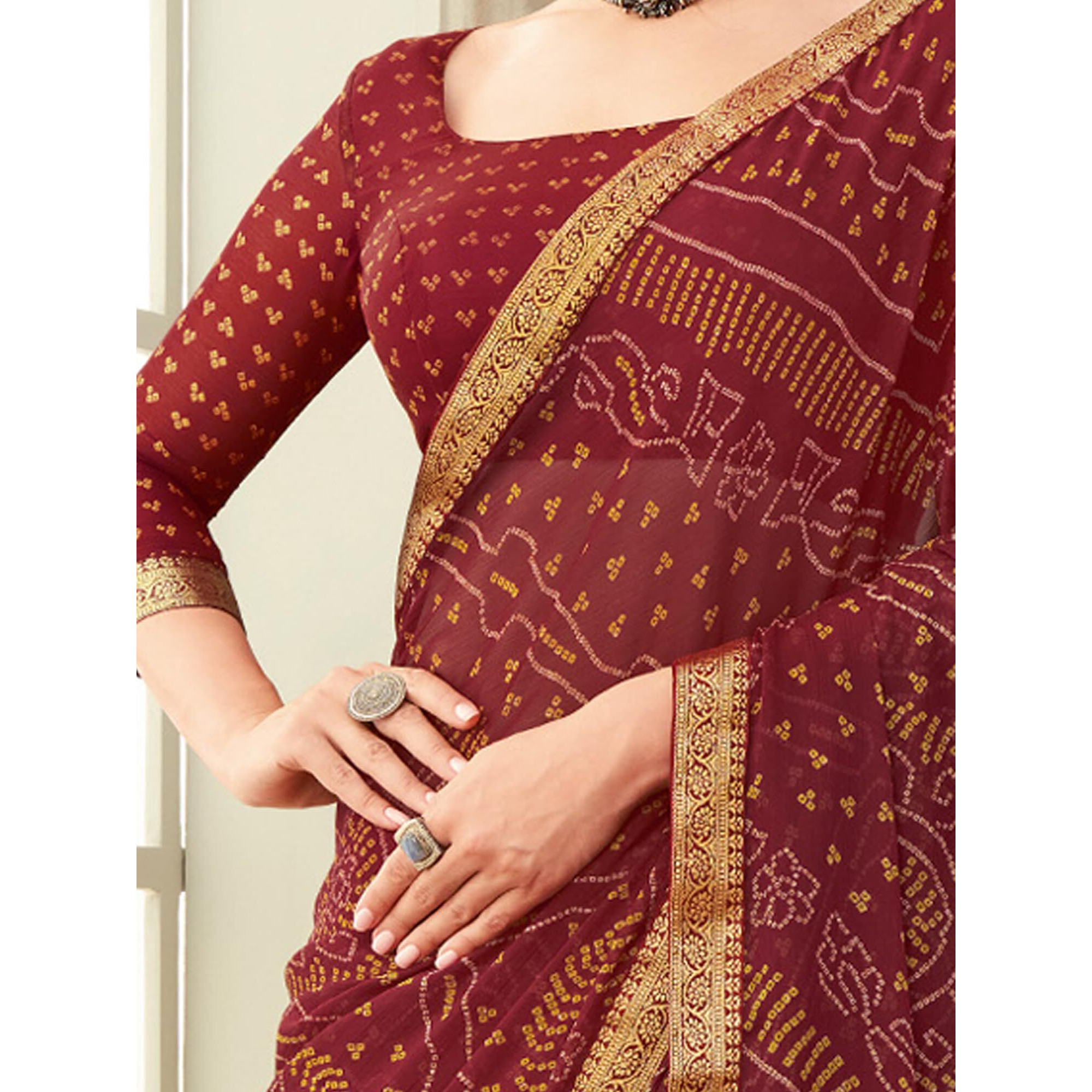 AKHILAM Womens Chiffon Brown Embellished Designer Saree With Blouse Piece (SIMAYA12903B_TFH)