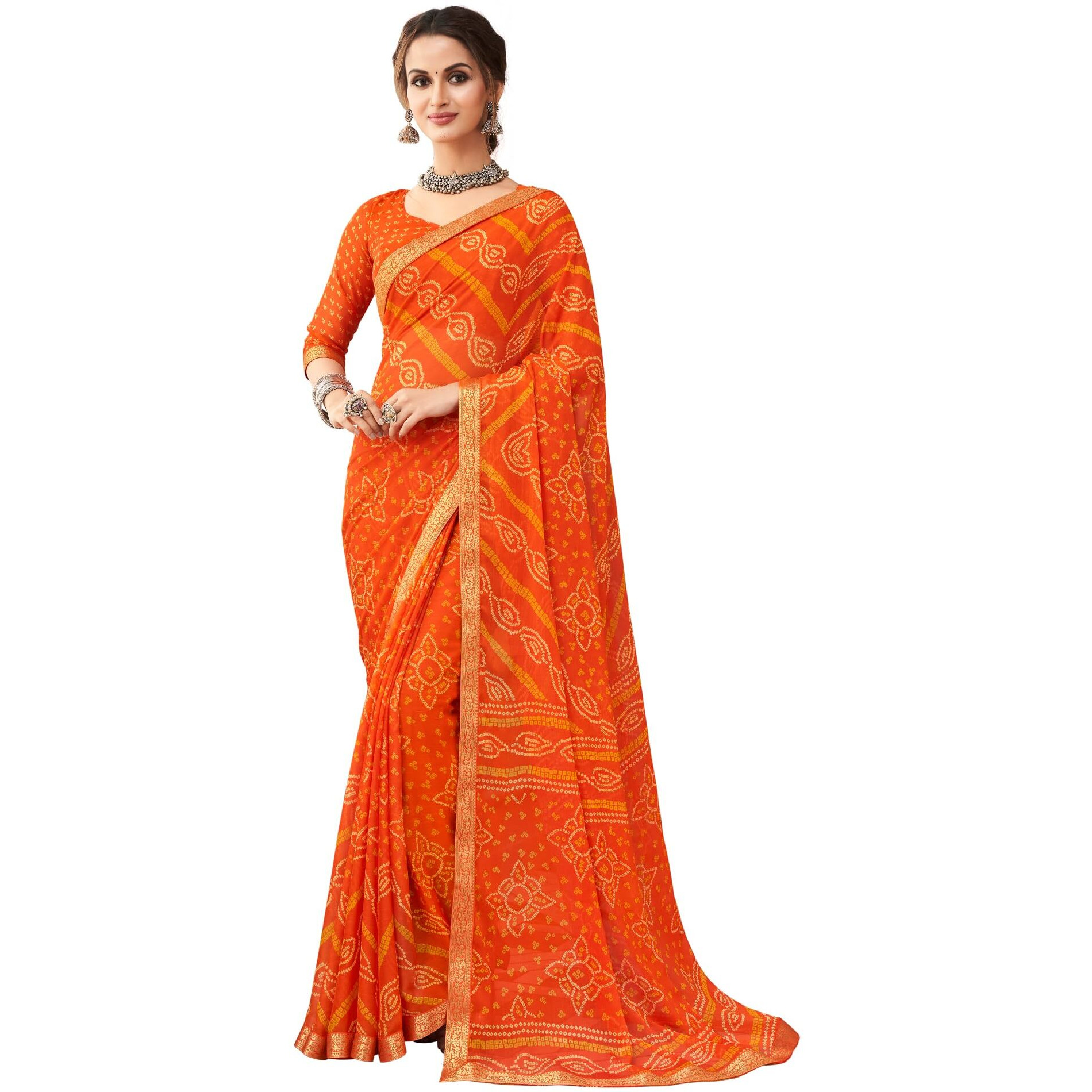 AKHILAM Womens Chiffon Orange Embellished Designer Saree With Blouse Piece (SIMAYA12905B_TFH)