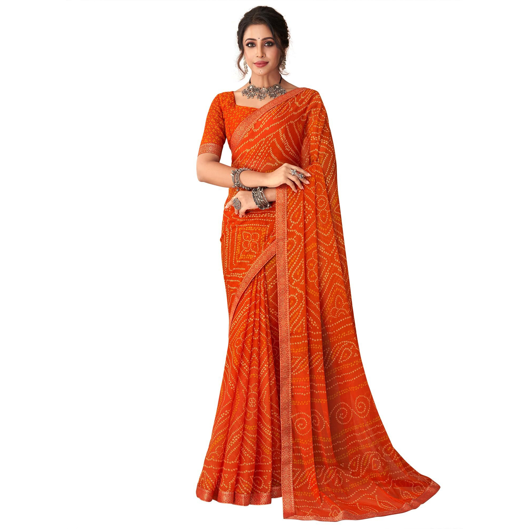 AKHILAM Womens Embellished Lace work Chiffon Bandhani Saree With Unstitched Blouse Piece (Orange_SIMYA25801D_TFH)