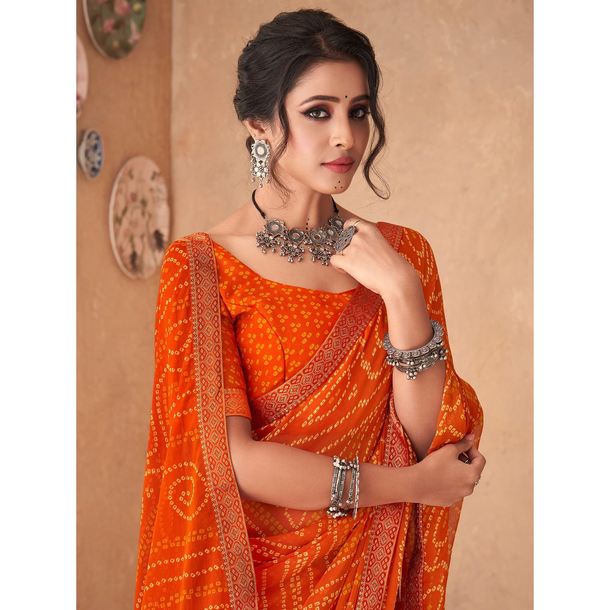 AKHILAM Womens Embellished Lace work Chiffon Bandhani Saree With Unstitched Blouse Piece (Orange_SIMYA25801D_TFH)