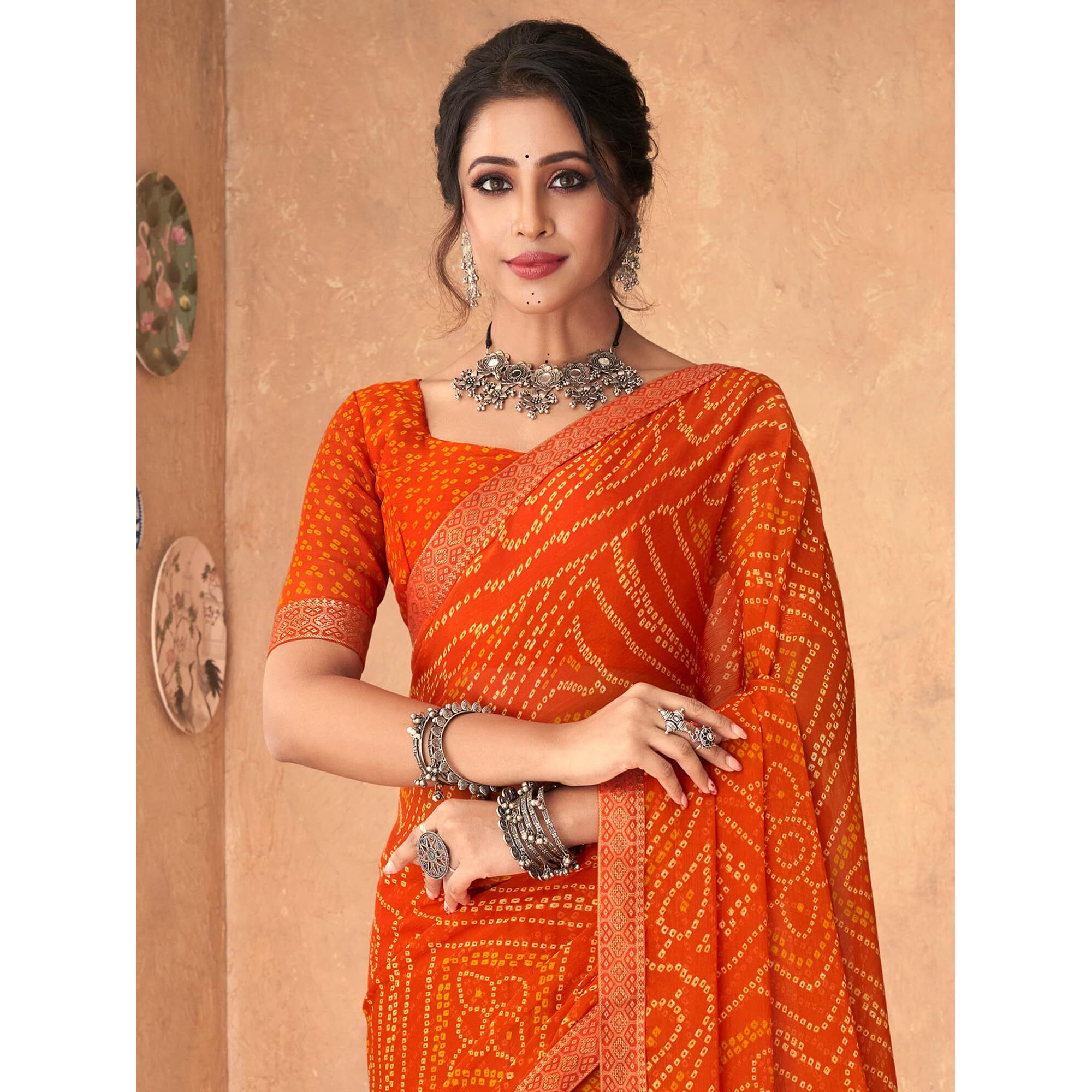 AKHILAM Womens Embellished Lace work Chiffon Bandhani Saree With Unstitched Blouse Piece (Orange_SIMYA25801D_TFH)