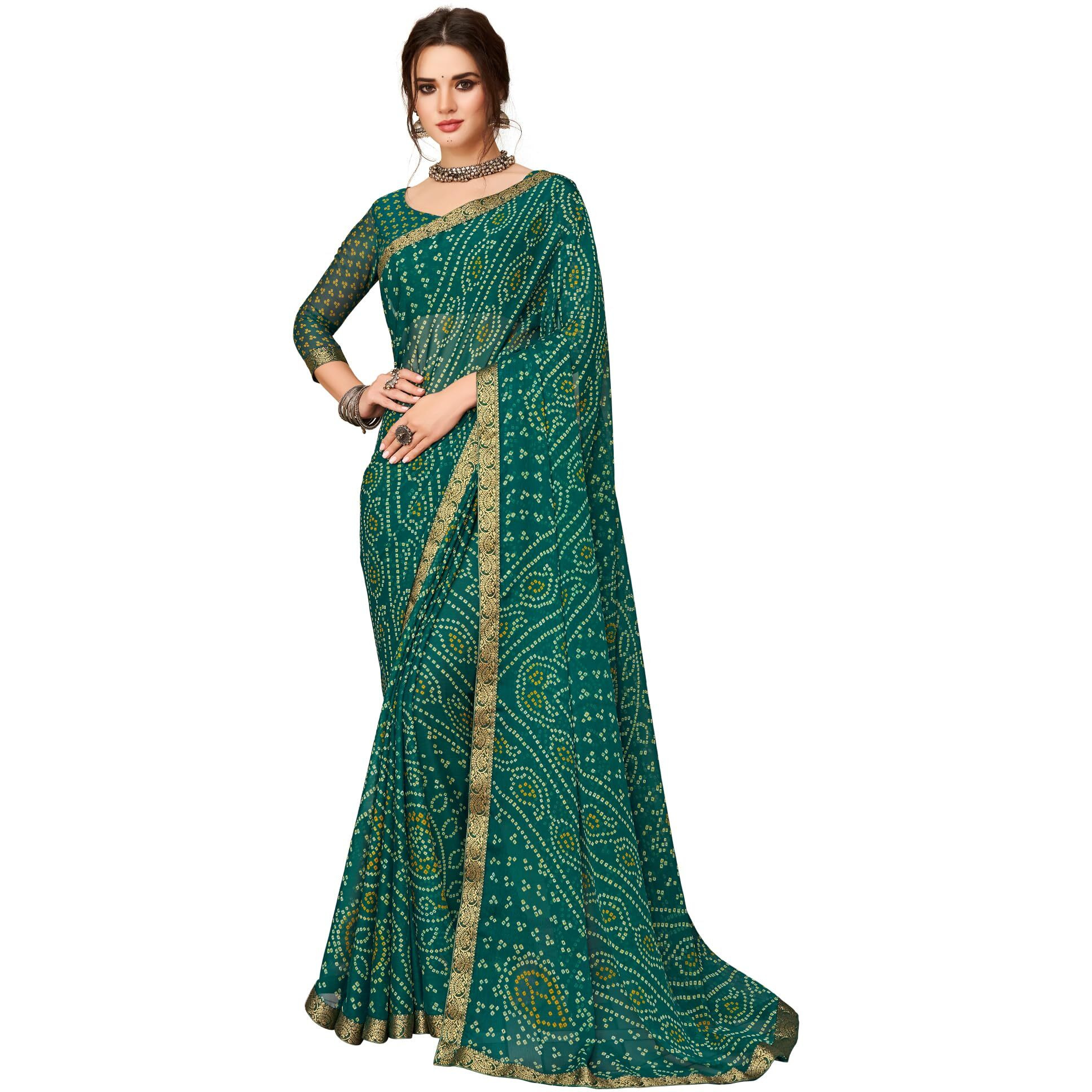 AKHILAM Womens Chiffon Teal blue Embellished Designer Saree With Blouse Piece (SIMAYA12904B_TFH)