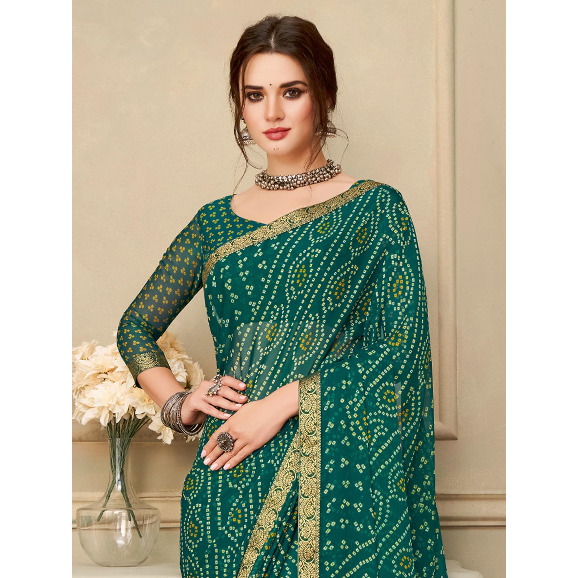 AKHILAM Womens Chiffon Teal blue Embellished Designer Saree With Blouse Piece (SIMAYA12904B_TFH)