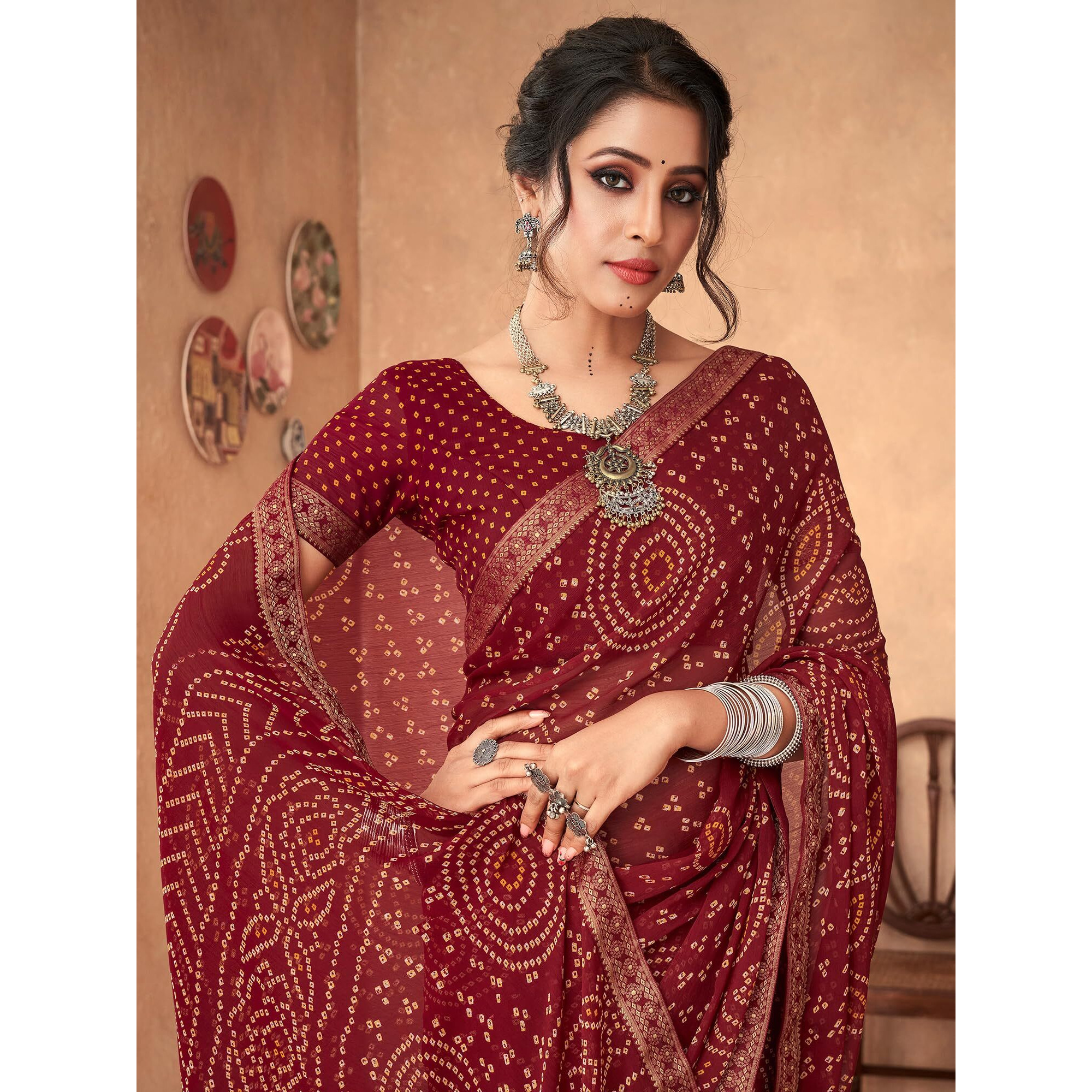 AKHILAM Womens Embellished Lace work Chiffon Bandhani Saree With Unstitched Blouse Piece (Maroon_SIMYA25803D_TFH)