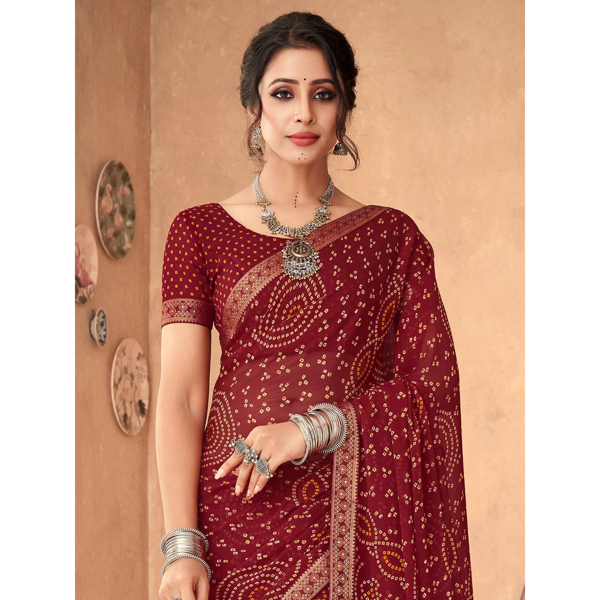 AKHILAM Womens Embellished Lace work Chiffon Bandhani Saree With Unstitched Blouse Piece (Maroon_SIMYA25803D_TFH)