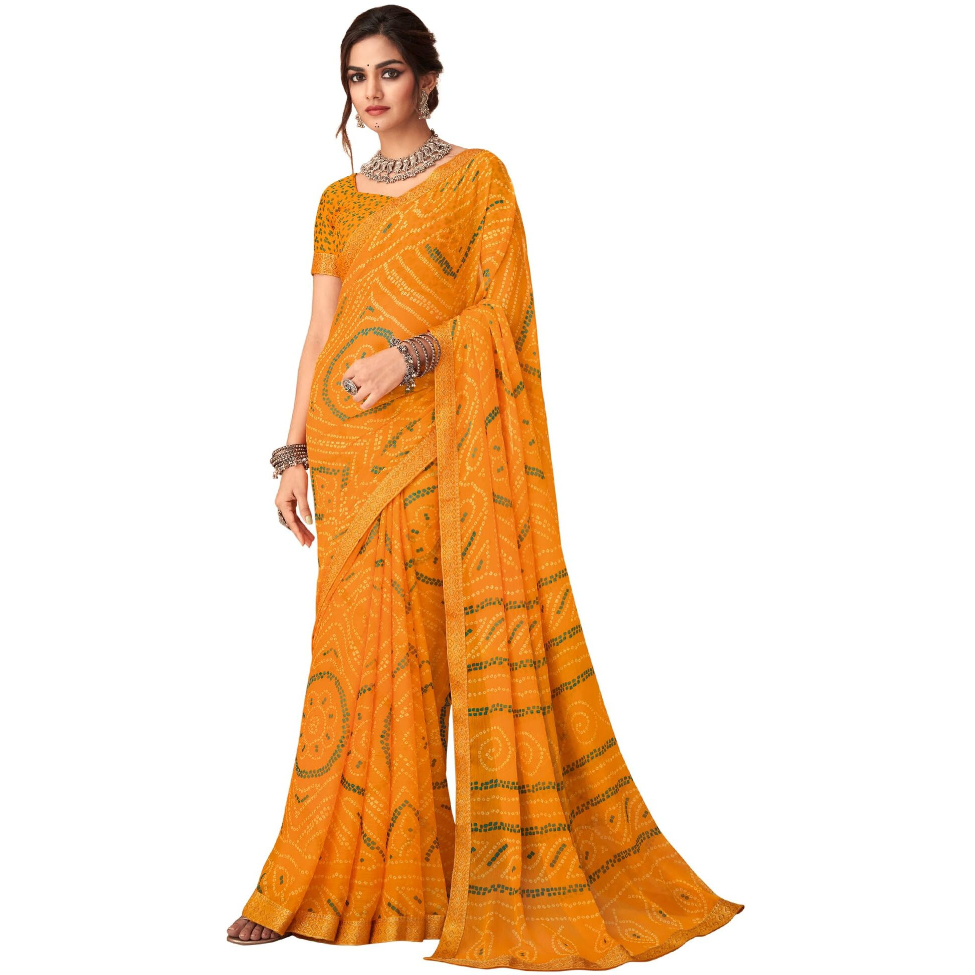 AKHILAM Womens Embellished Lace work Chiffon Bandhani Saree With Unstitched Blouse Piece (Yellow_SIMYA25801A_TFH)