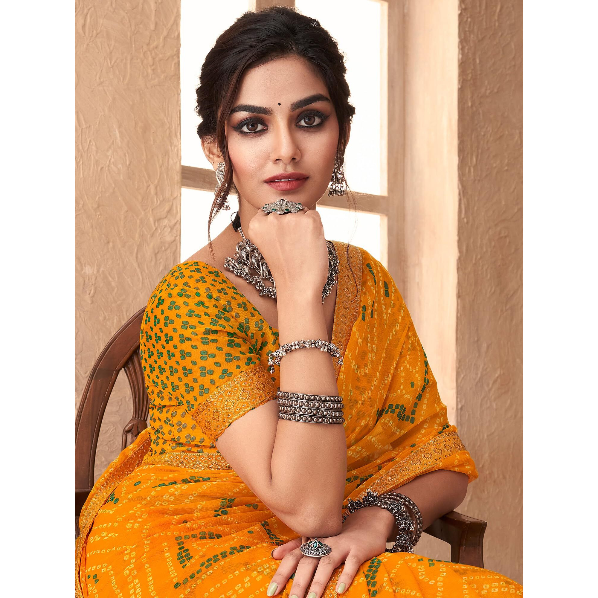 AKHILAM Womens Embellished Lace work Chiffon Bandhani Saree With Unstitched Blouse Piece (Yellow_SIMYA25801A_TFH)