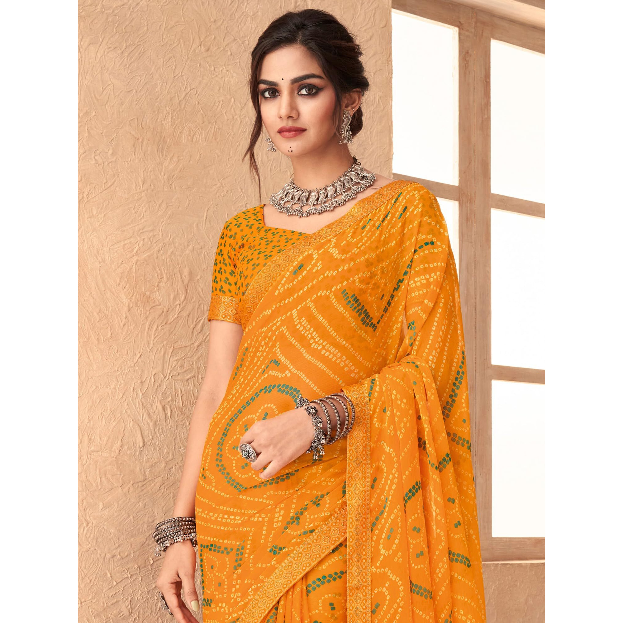 AKHILAM Womens Embellished Lace work Chiffon Bandhani Saree With Unstitched Blouse Piece (Yellow_SIMYA25801A_TFH)