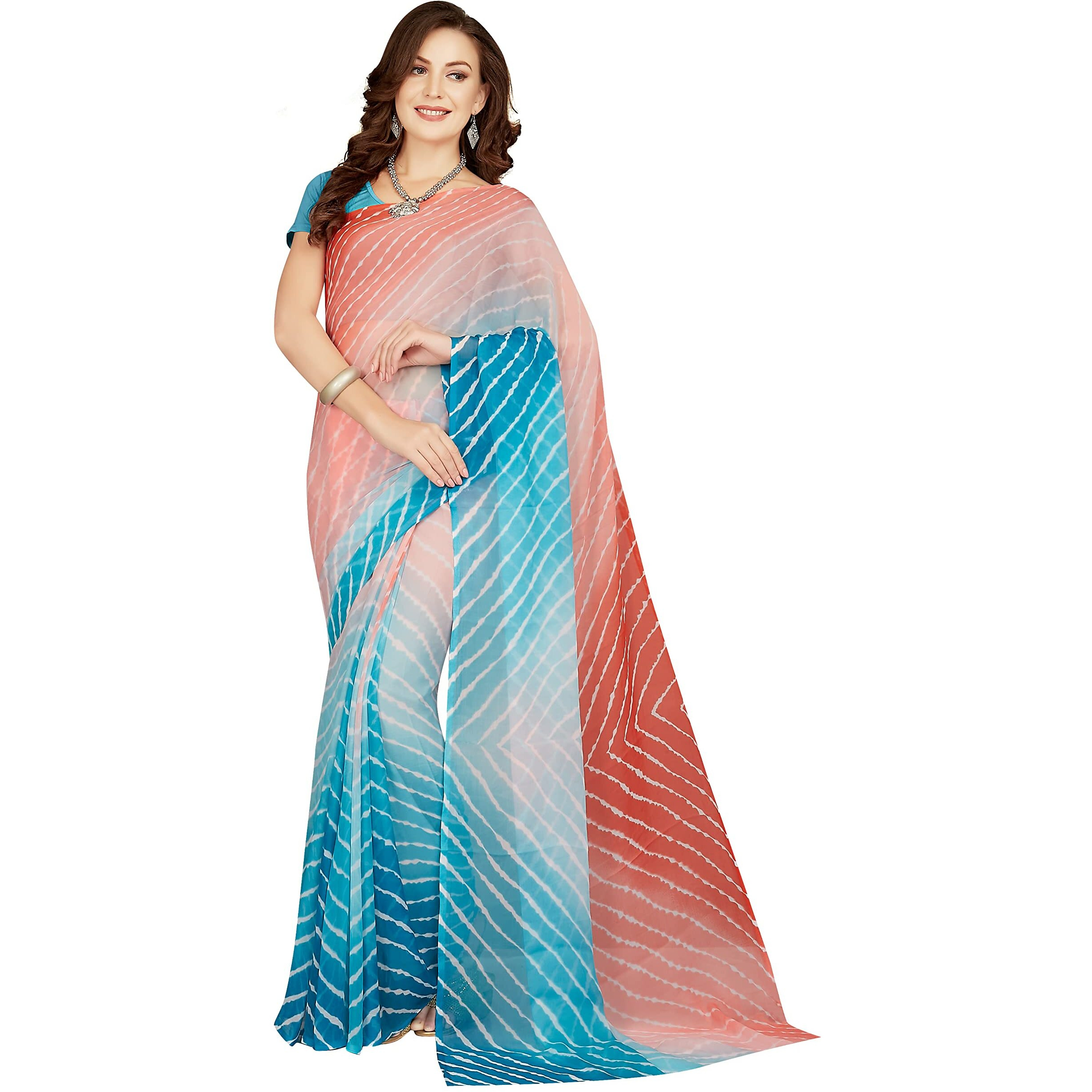 RANI SAAHIBA Womens Chiffon Lehriya Printed Saree Without Blouse (SKR9117_Red-Blue)