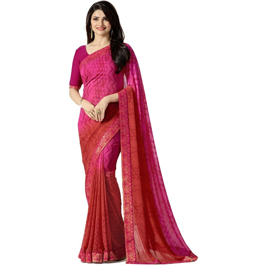 RAJESHWAR FASHION WITH RF Womens Zig Zag Printed Georgette Sarees For Women With Jacquard Lace Border & Blouse(A15 PINK NEW_Multicolored_Free Size 6.30 Mtr)