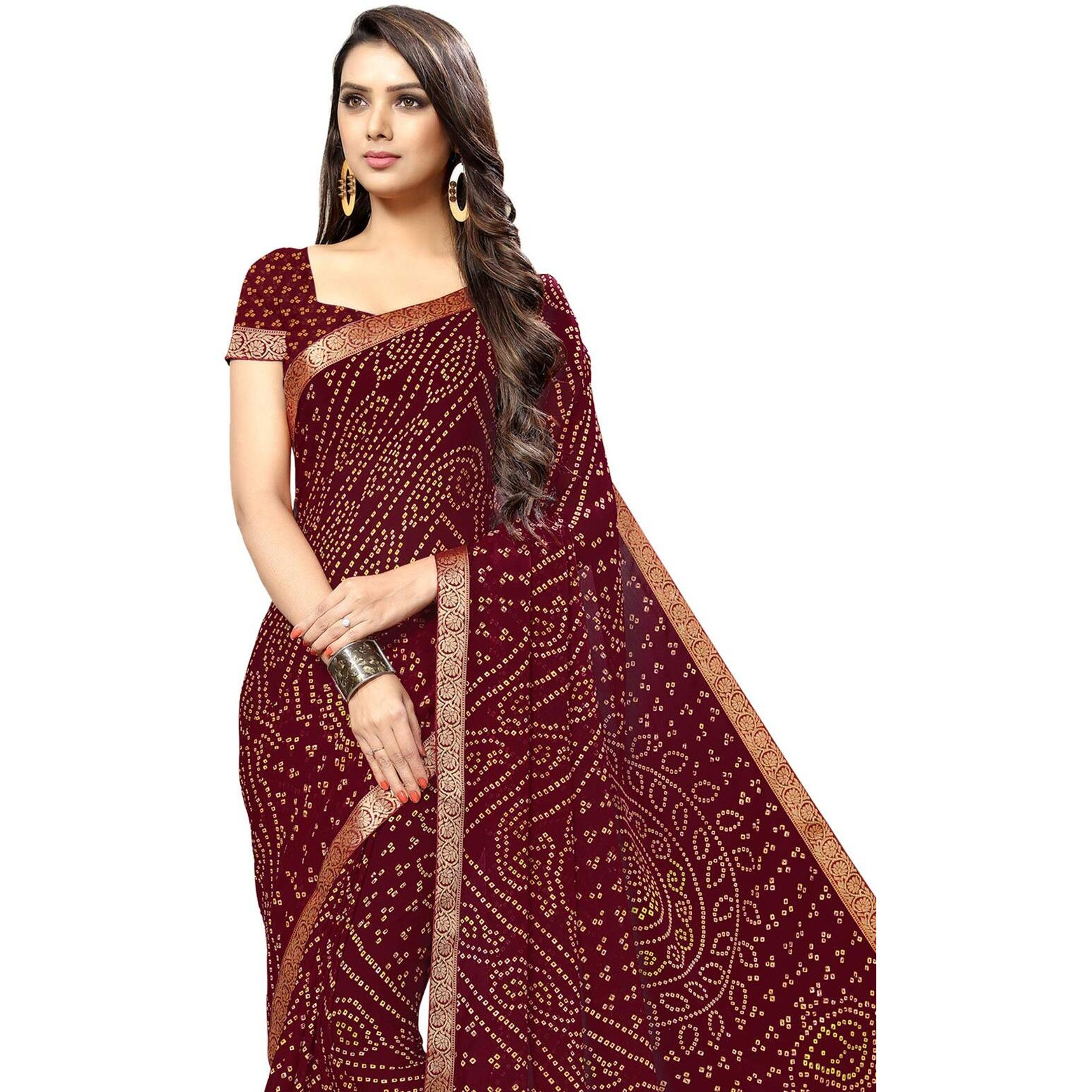 SIRIL Womens Chiffon Bandhani Printed Saree With Blouse (1471S132 Maroon Bandhani Printed, Lace Border)