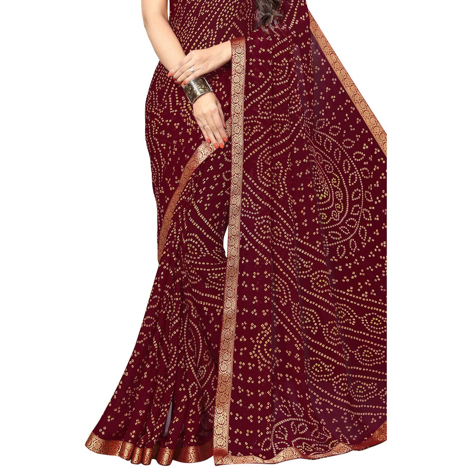 SIRIL Womens Chiffon Bandhani Printed Saree With Blouse (1471S132 Maroon Bandhani Printed, Lace Border)