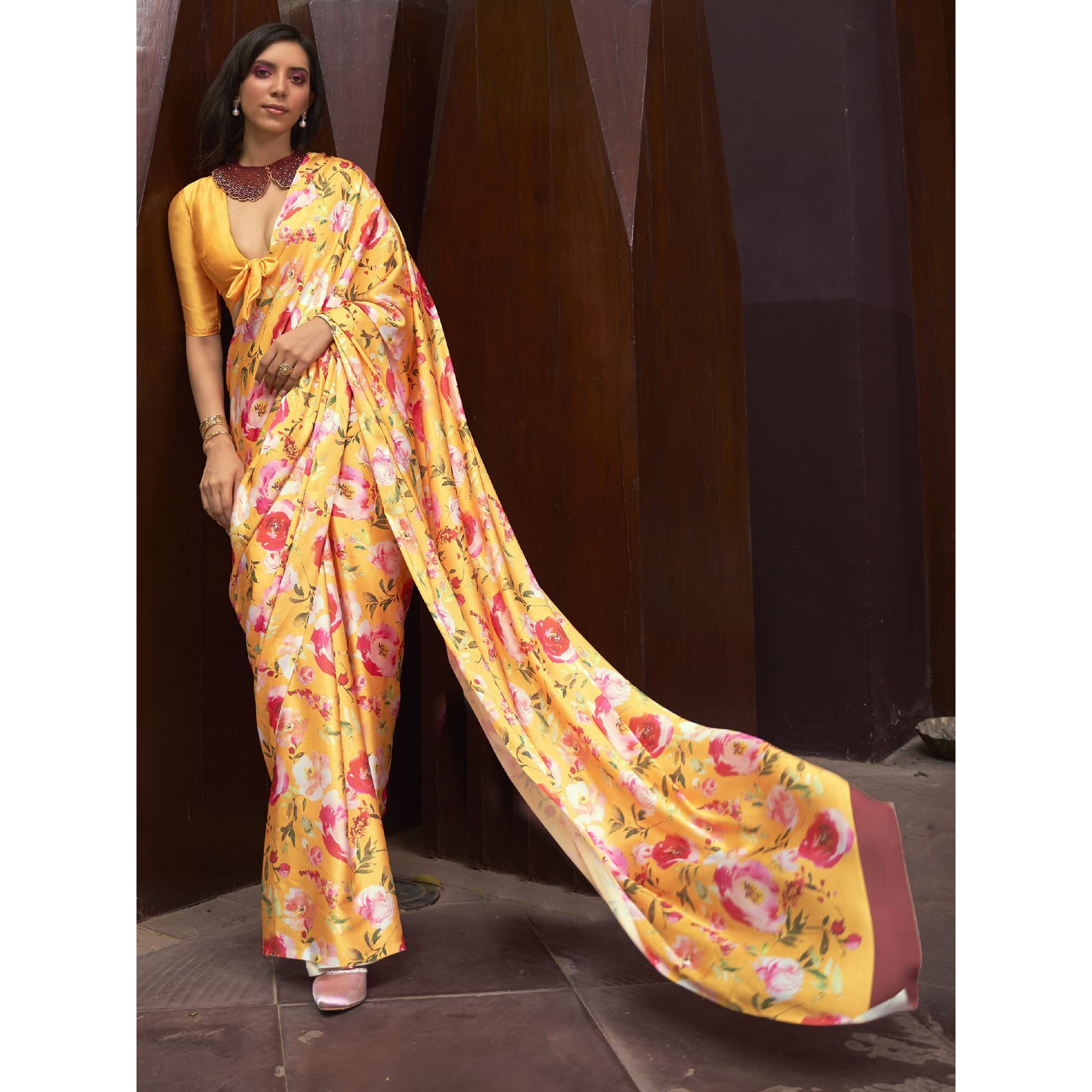 AKHILAM Womens Satin Silk Digital Print Saree With Unstitched Blouse Piece (Yellow_KUDOS260001_RJ)