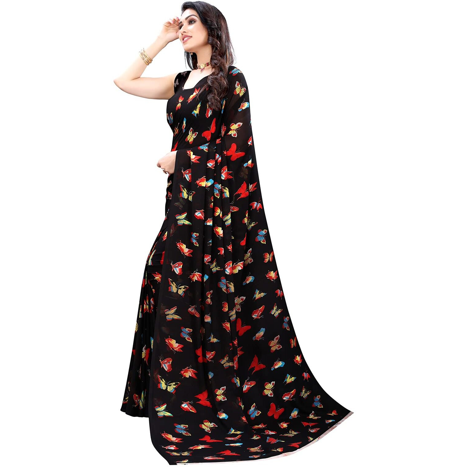 SIRIL Womens Animal Print Printed Georgette Saree With Blouse(2098S668_Black)