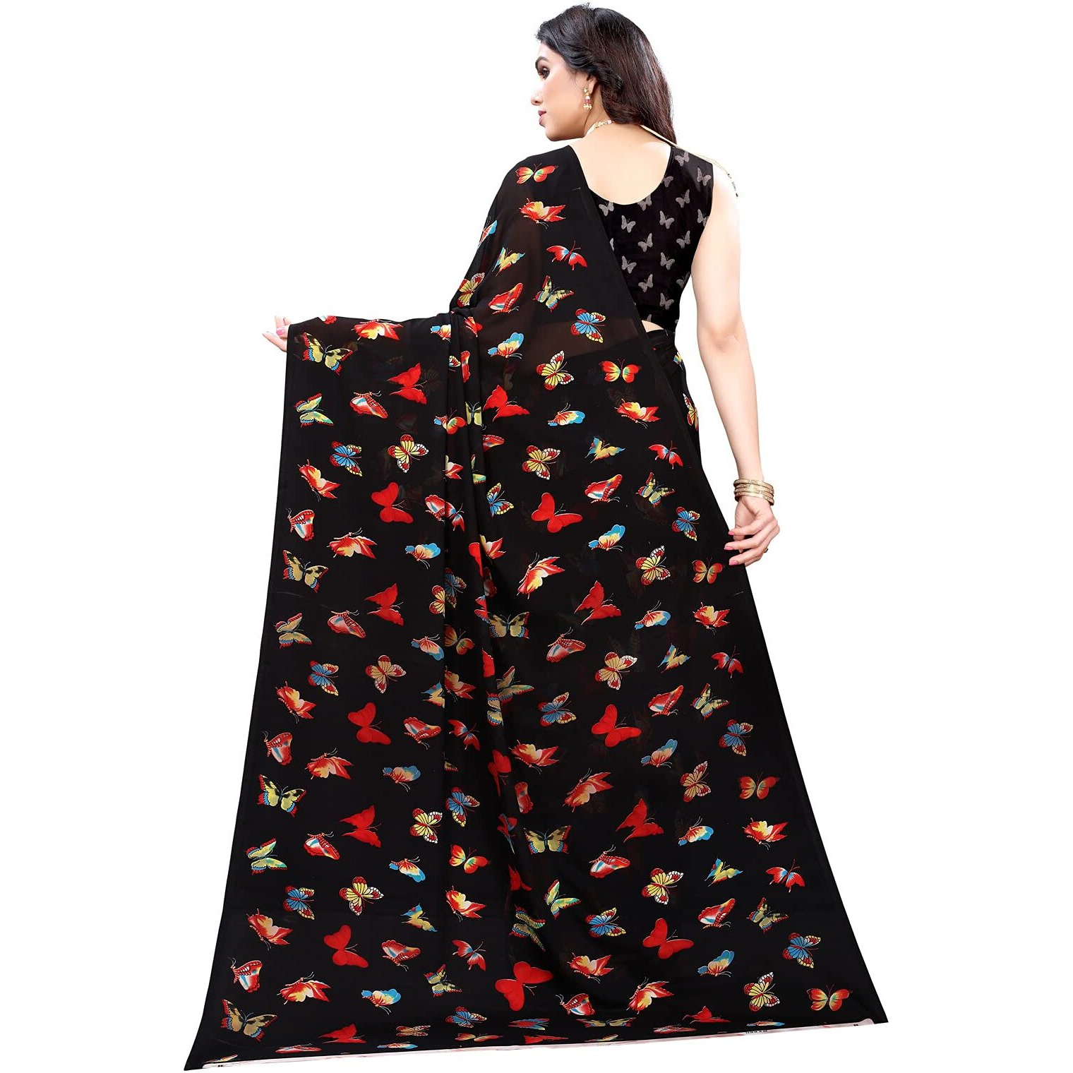 SIRIL Womens Animal Print Printed Georgette Saree With Blouse(2098S668_Black)