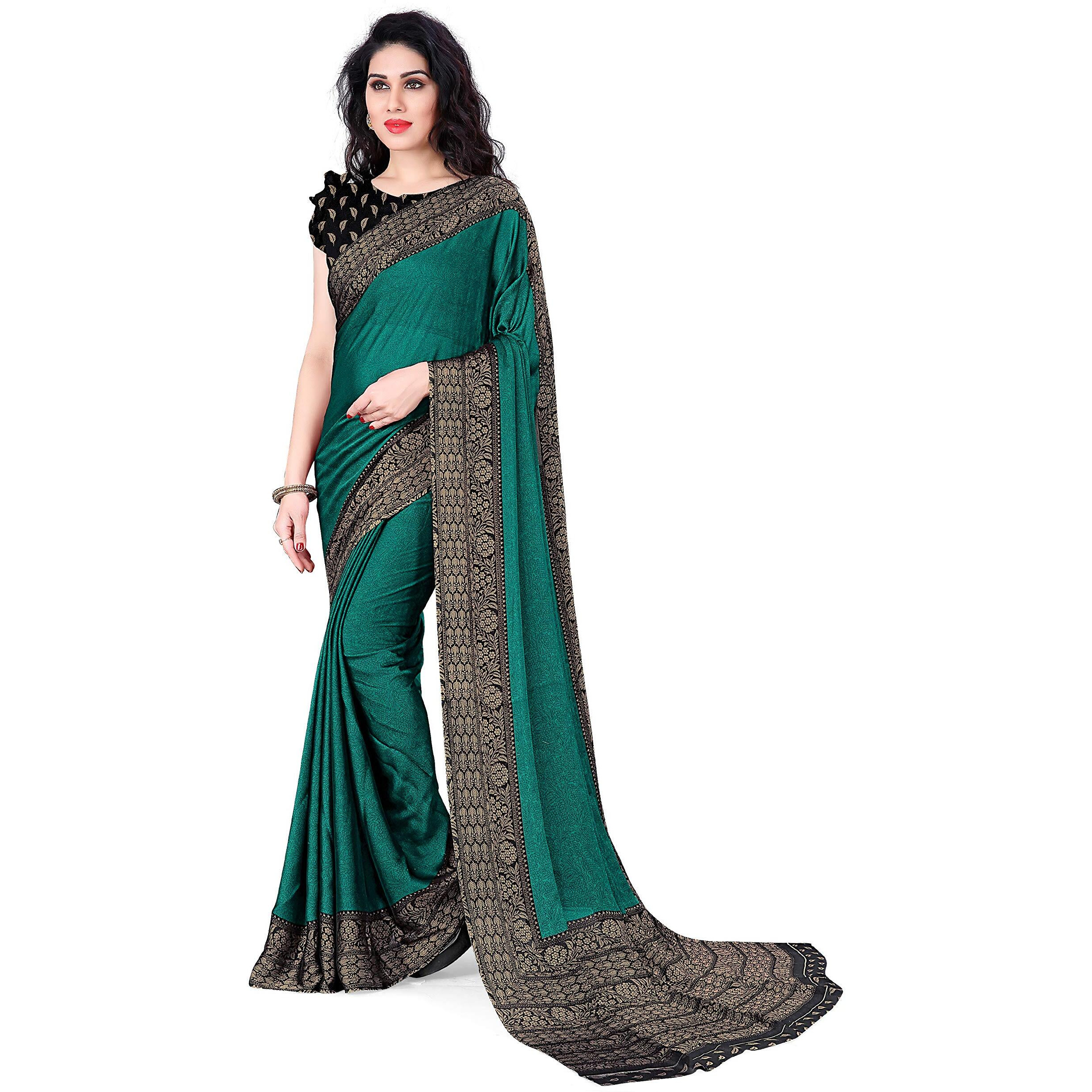 SOURBH Womens Chiffon Kalamkari Printed Saree with Blouse Piece (23814-Teal, Beige)