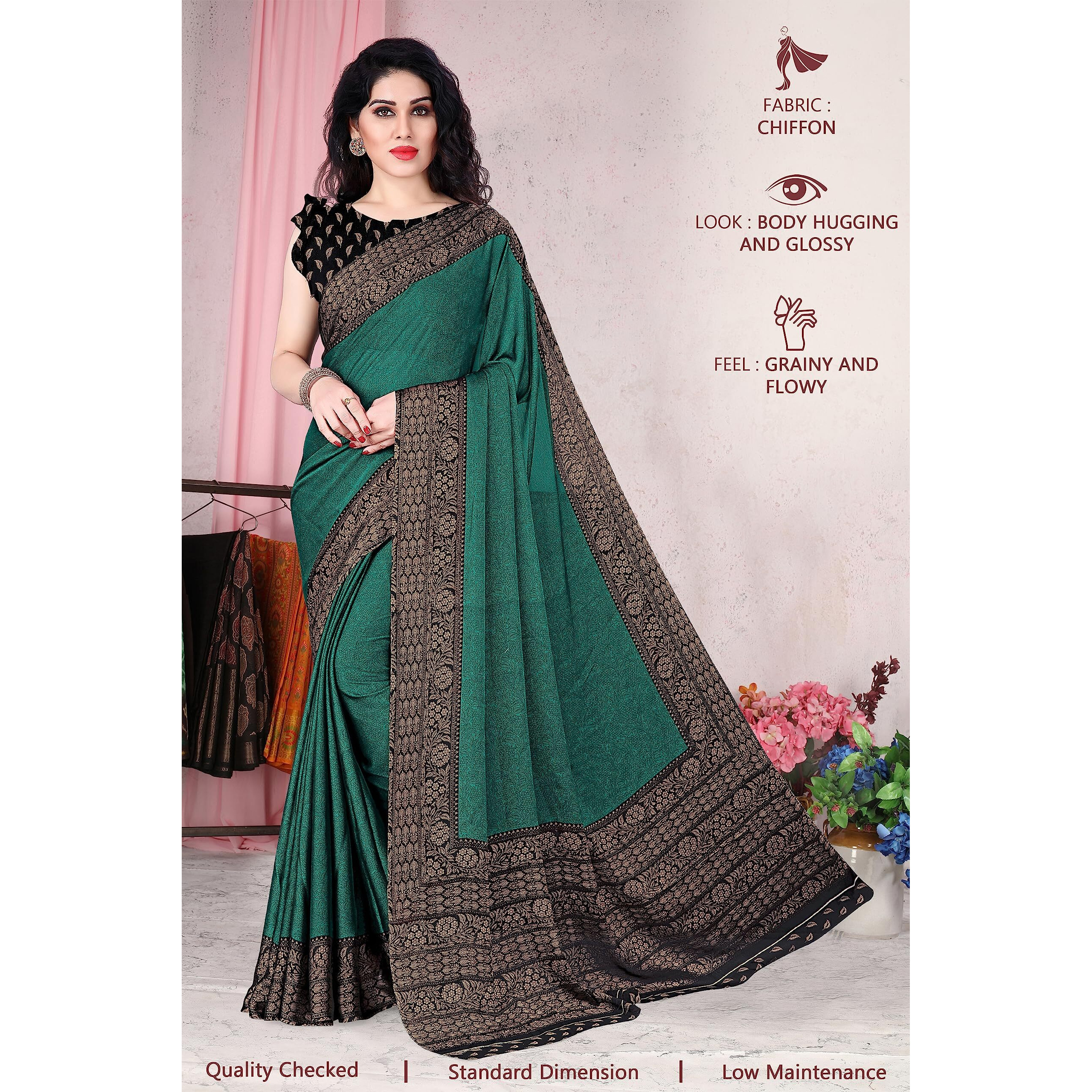 SOURBH Womens Chiffon Kalamkari Printed Saree with Blouse Piece (23814-Teal, Beige)