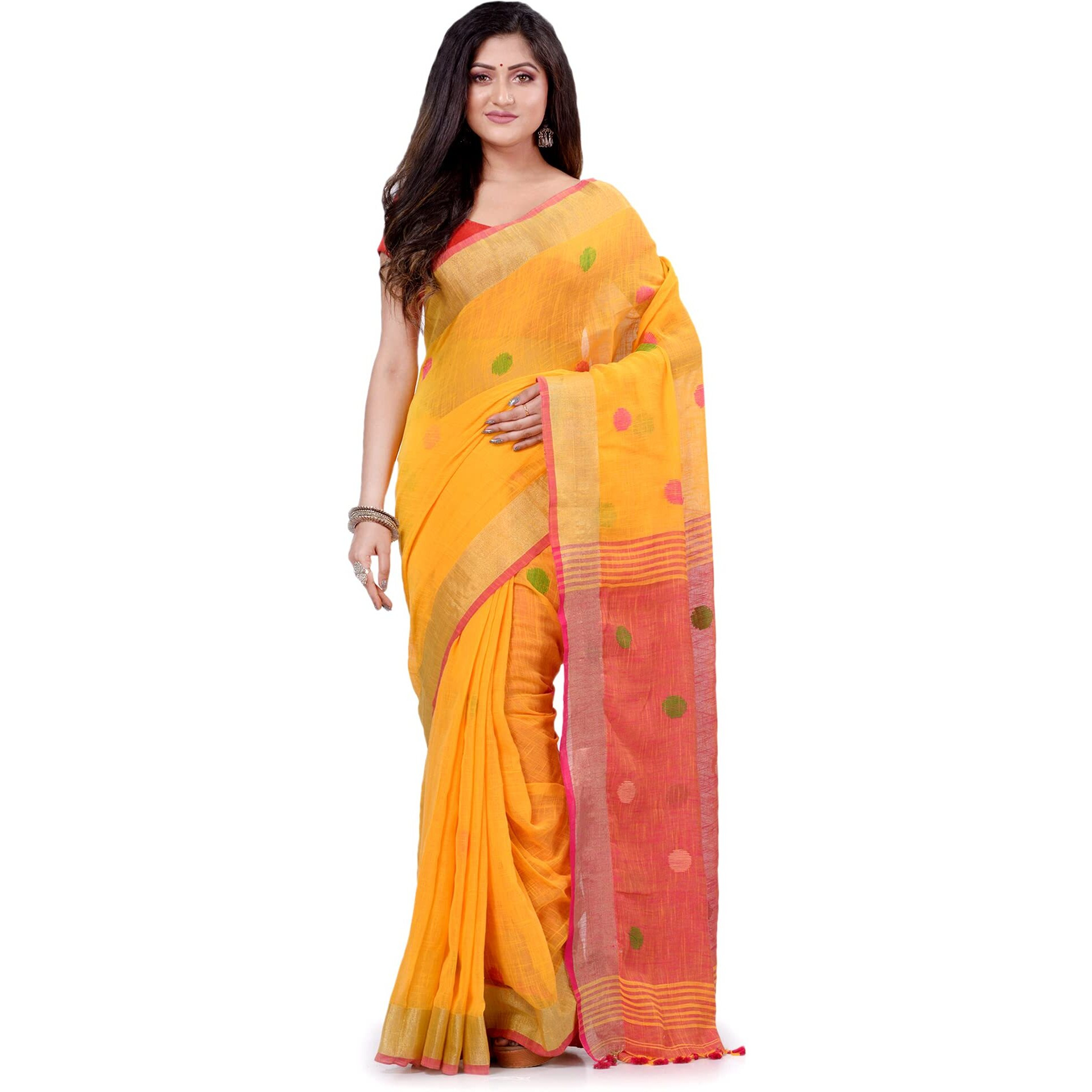 dB DESH BIDESH Women`s Pure Cotton Traditional Bengali Tant Handloom Cotton Saree Round Desigined With Blouse Piece