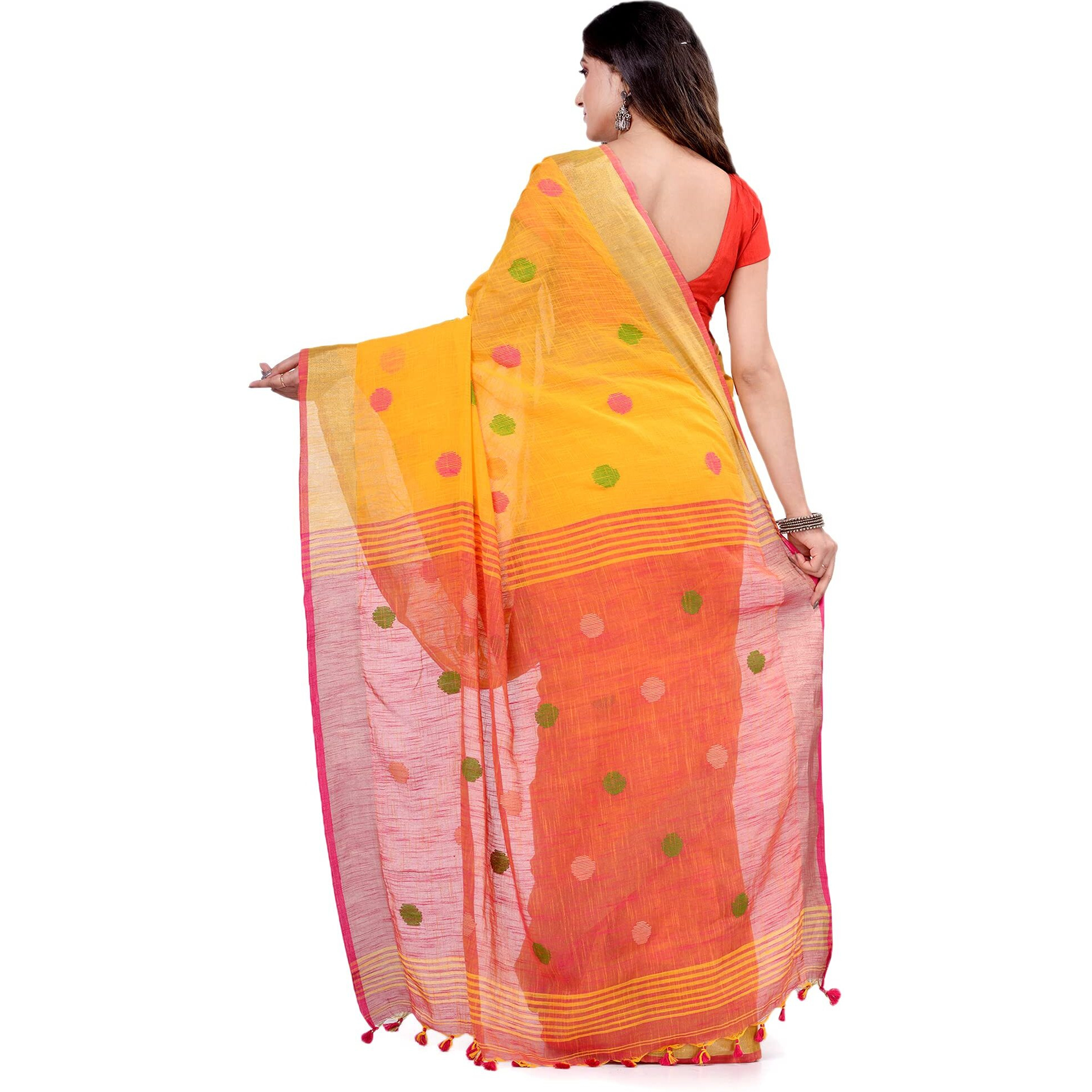 dB DESH BIDESH Women`s Pure Cotton Traditional Bengali Tant Handloom Cotton Saree Round Desigined With Blouse Piece