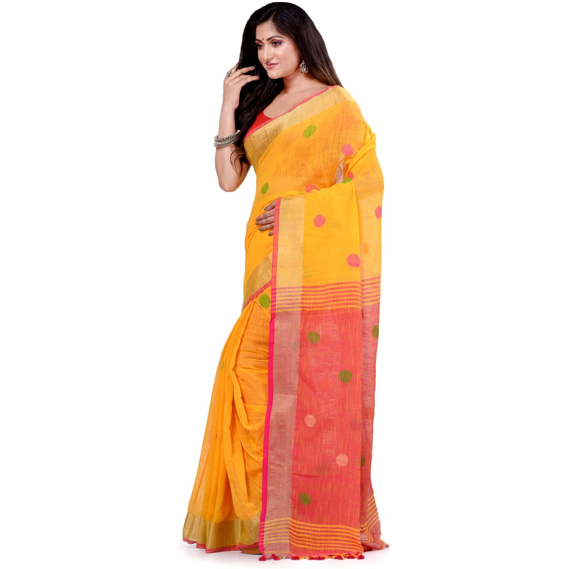 dB DESH BIDESH Women`s Pure Cotton Traditional Bengali Tant Handloom Cotton Saree Round Desigined With Blouse Piece