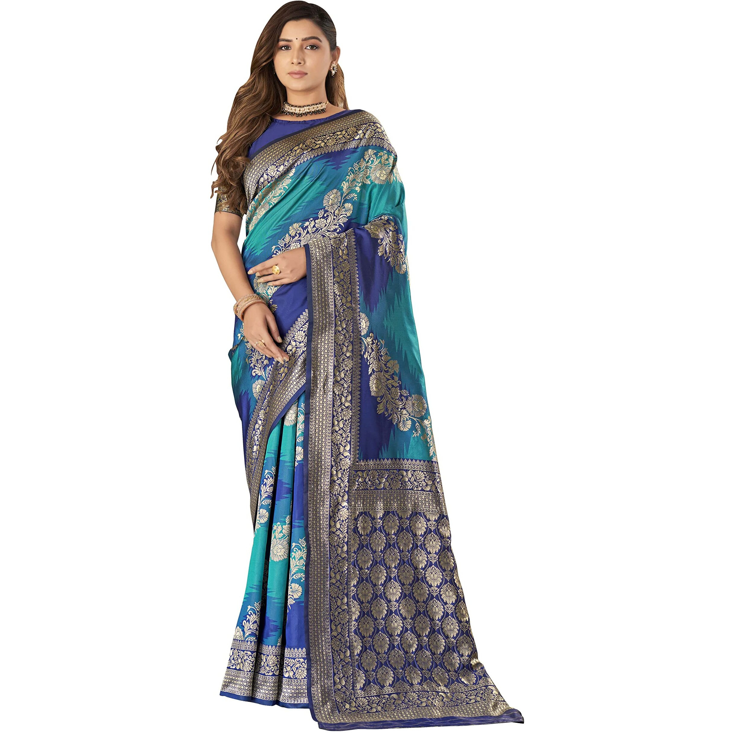 MANOHARI Traditional Most Heavy Banarasi Silk with Woven Design Fully Jacquard Work Blue saree with Blouse Piece