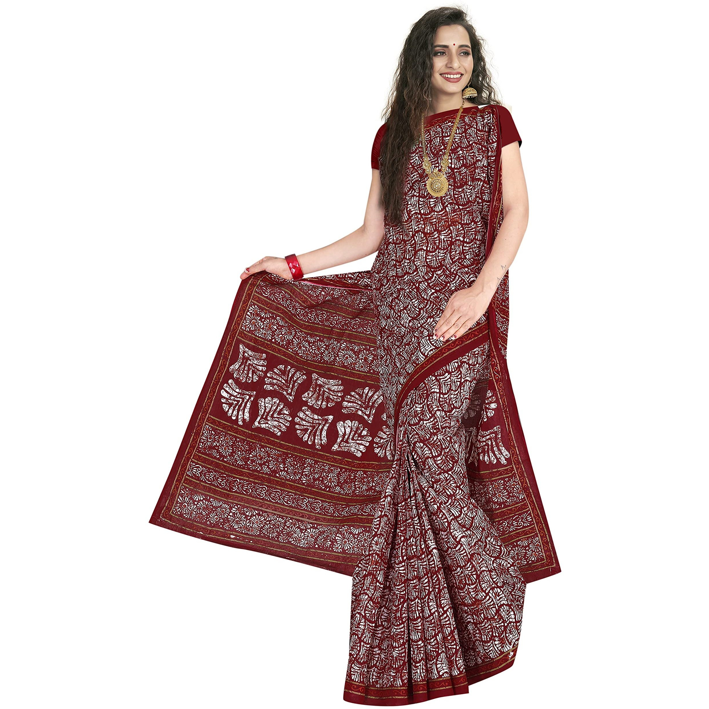 TAMAIRA FASHION Womens Plain Weave Pure Cotton Saree Without Blouse Piece(1654_Maroon)