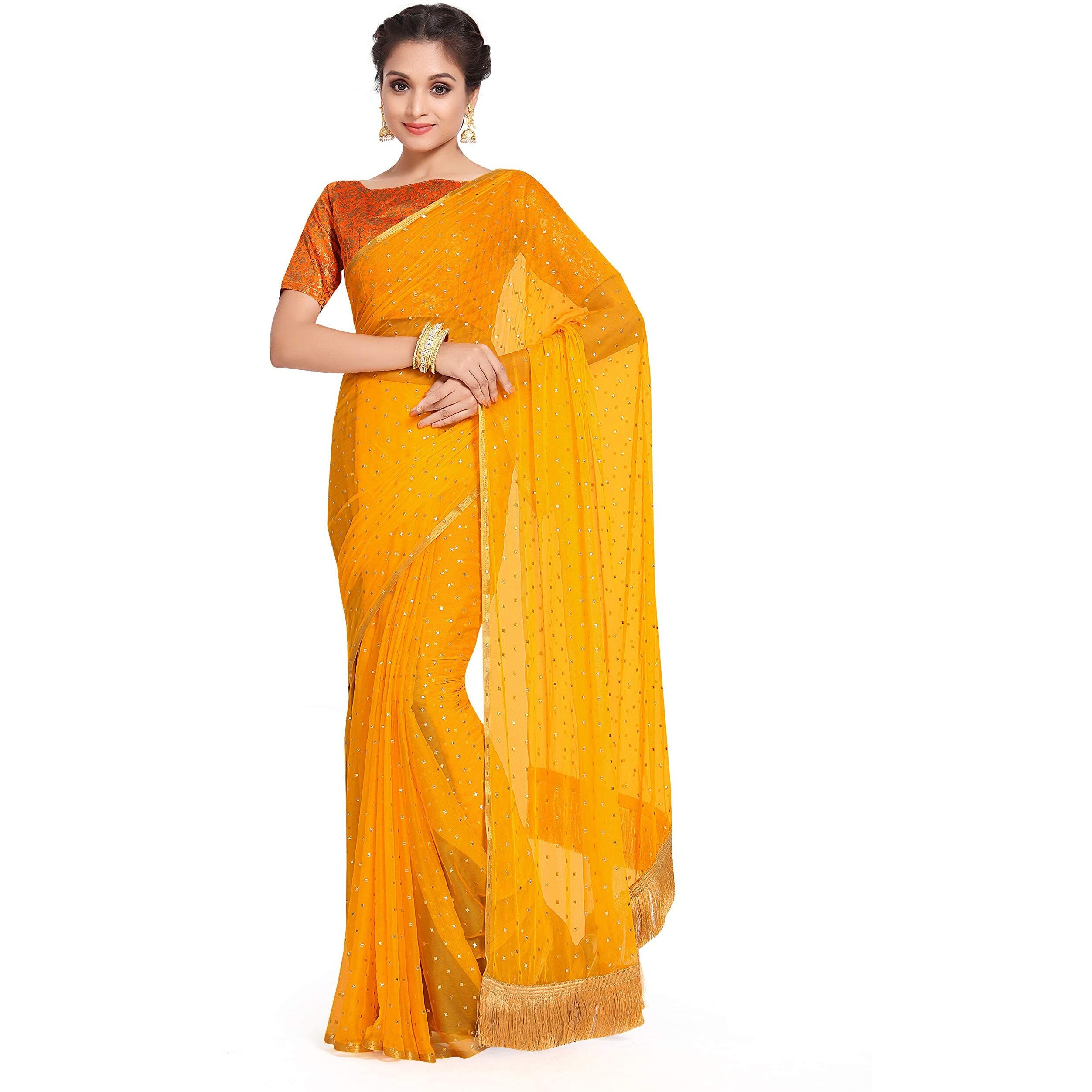 Womanista Womens Mukaish Embellished Chiffon Saree with Jacquard Blouse (TI1184_Yellow)