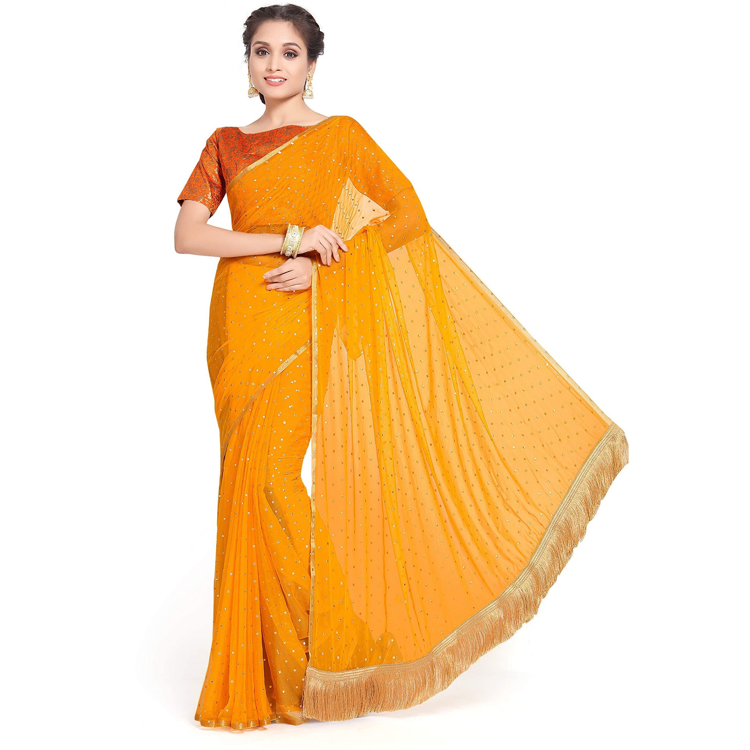 Womanista Womens Mukaish Embellished Chiffon Saree with Jacquard Blouse (TI1184_Yellow)