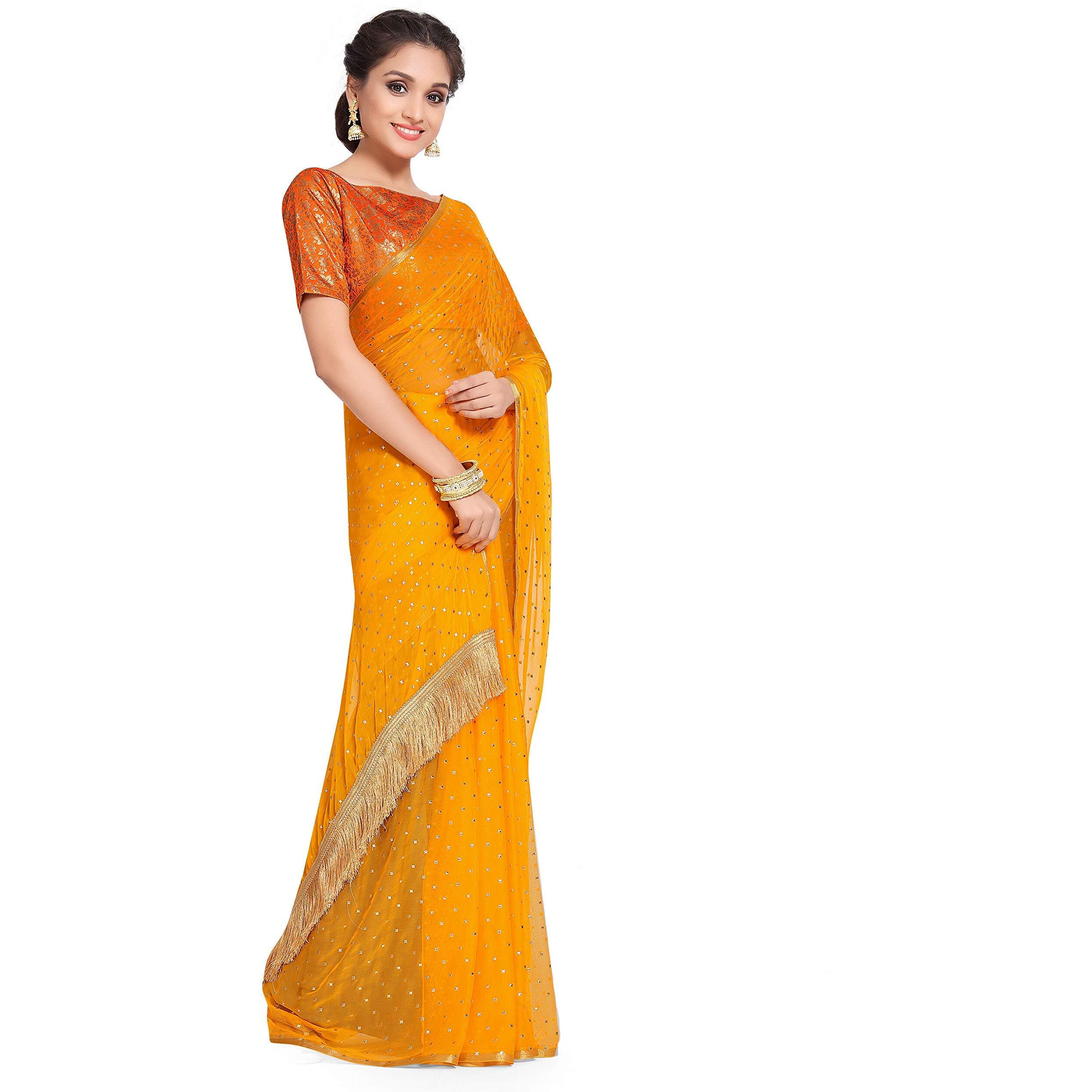 Womanista Womens Mukaish Embellished Chiffon Saree with Jacquard Blouse (TI1184_Yellow)