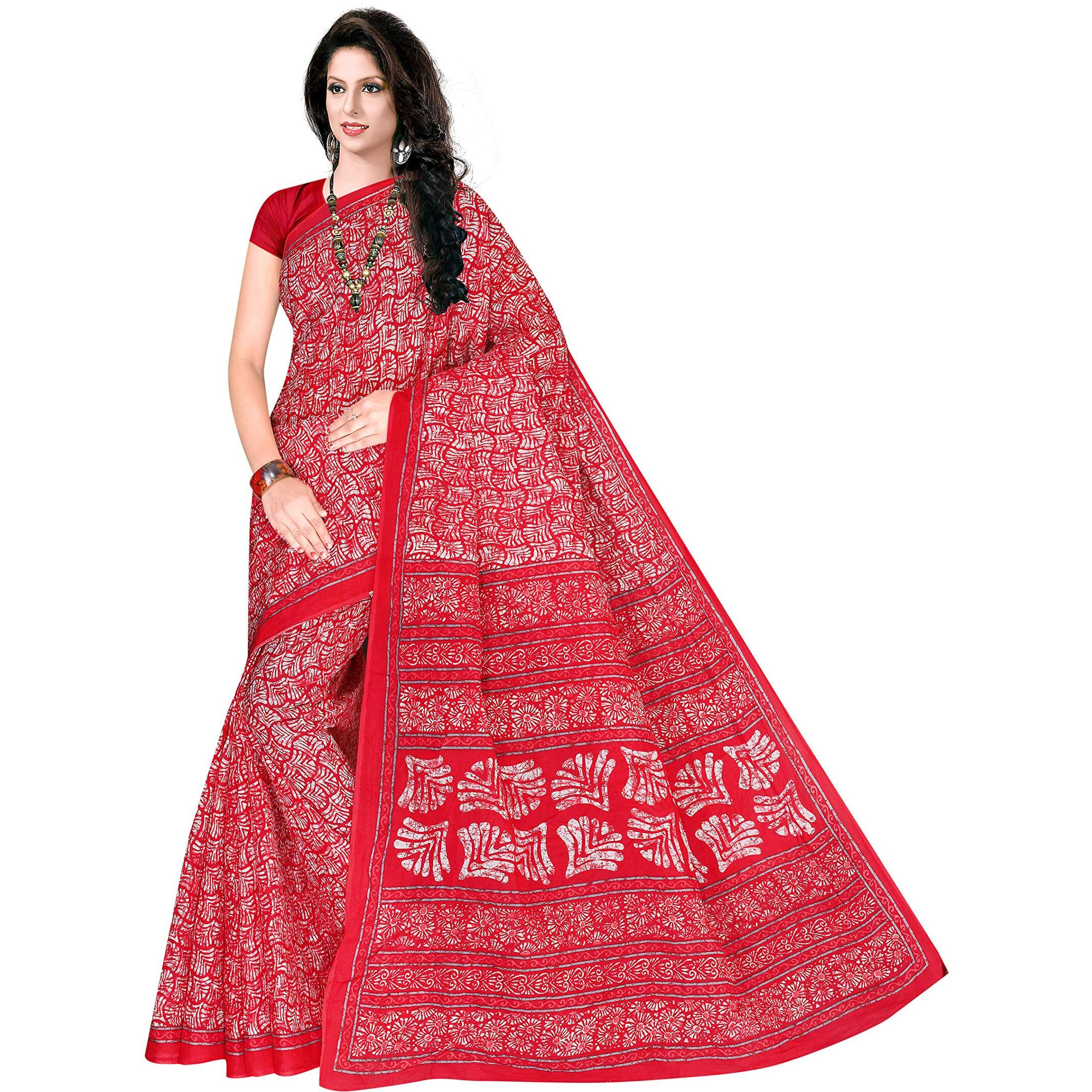 TAMAIRA FASHION Womens Plain Weave Pure Cotton Saree Without Blouse Piece (1654_Malmal_Scarlet)