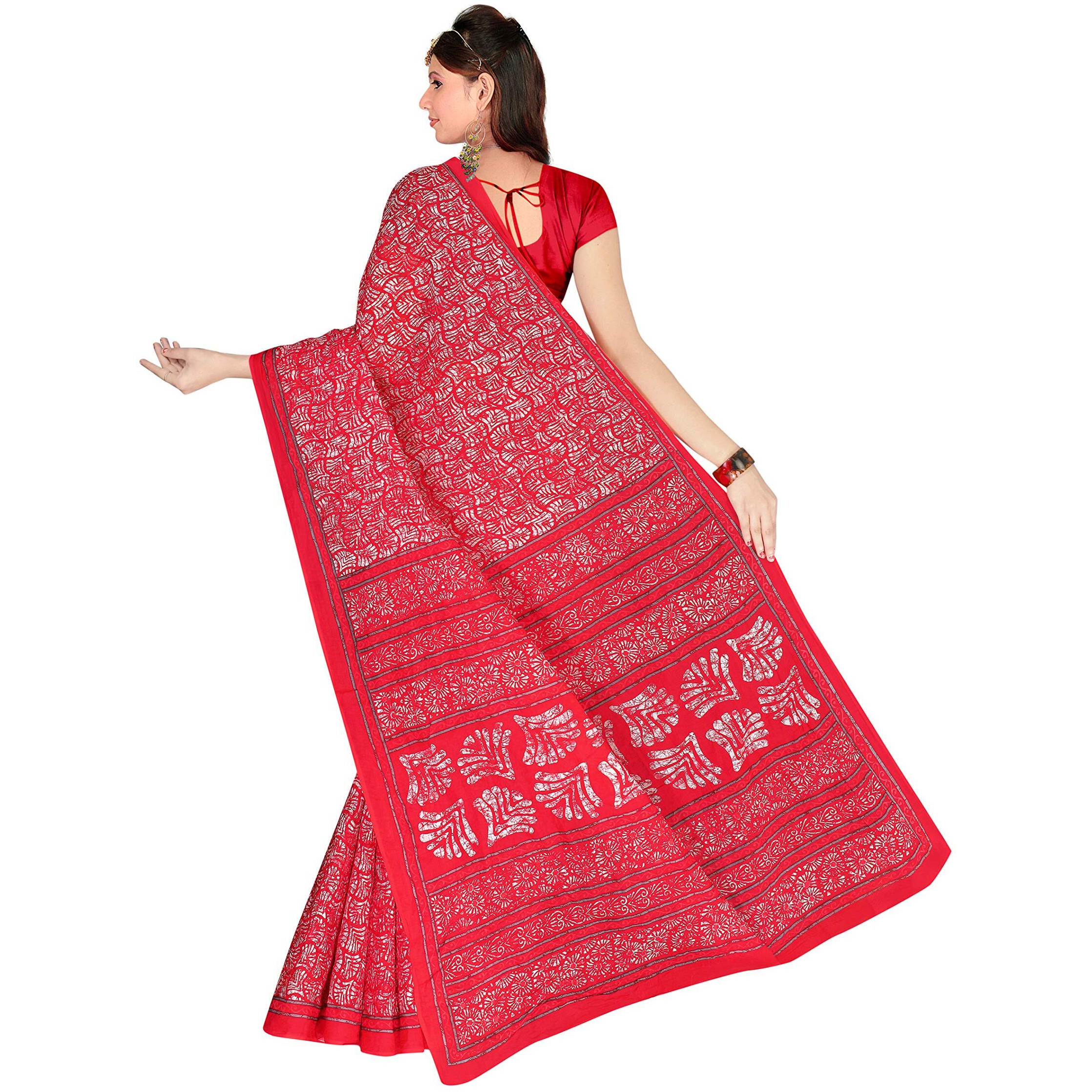 TAMAIRA FASHION Womens Plain Weave Pure Cotton Saree Without Blouse Piece (1654_Malmal_Scarlet)