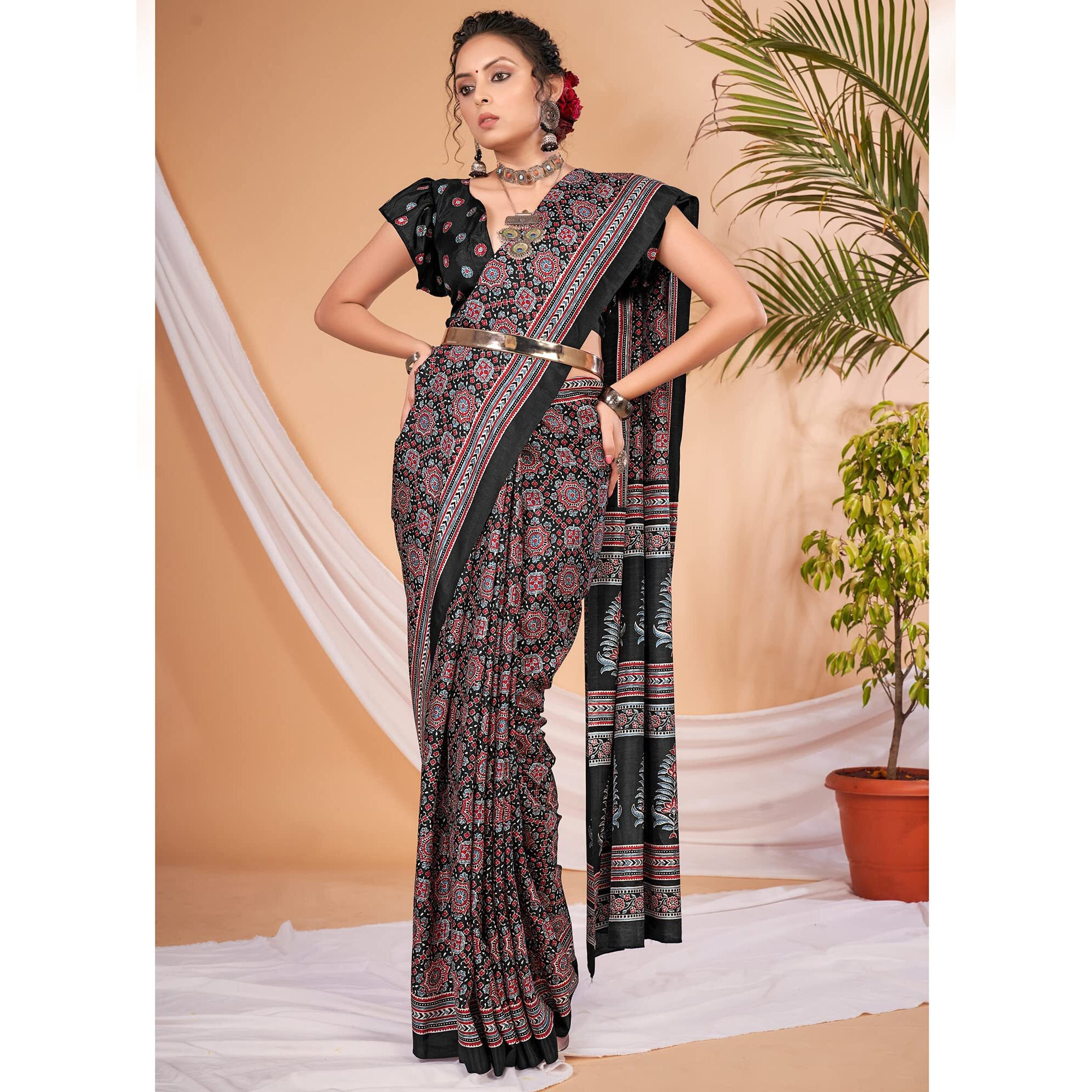 AKHILAM Womens Ajrak Block Print Dola Silk Saree With Unstitched Blouse Piece (Black_KUMRN204_HS)