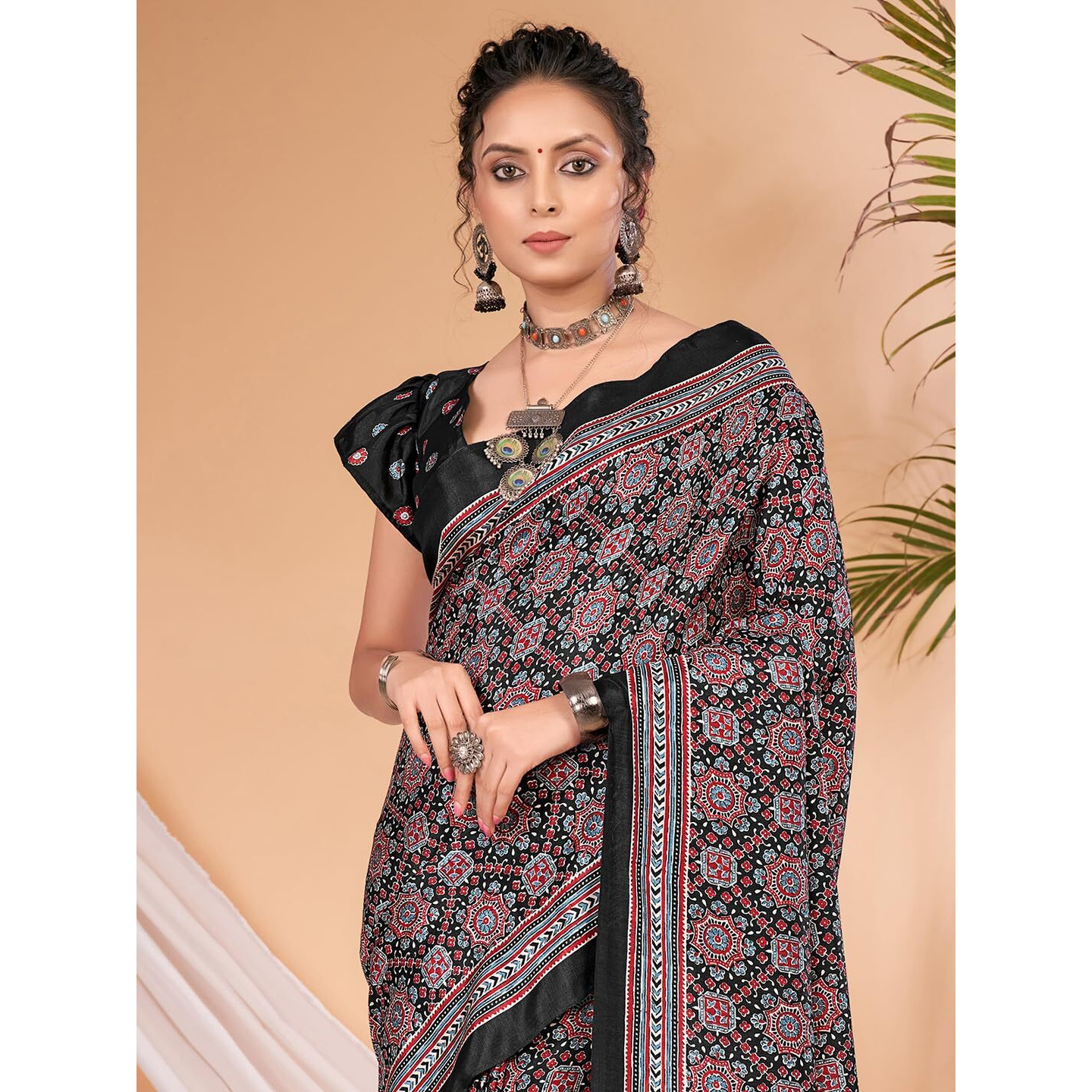 AKHILAM Womens Ajrak Block Print Dola Silk Saree With Unstitched Blouse Piece (Black_KUMRN204_HS)