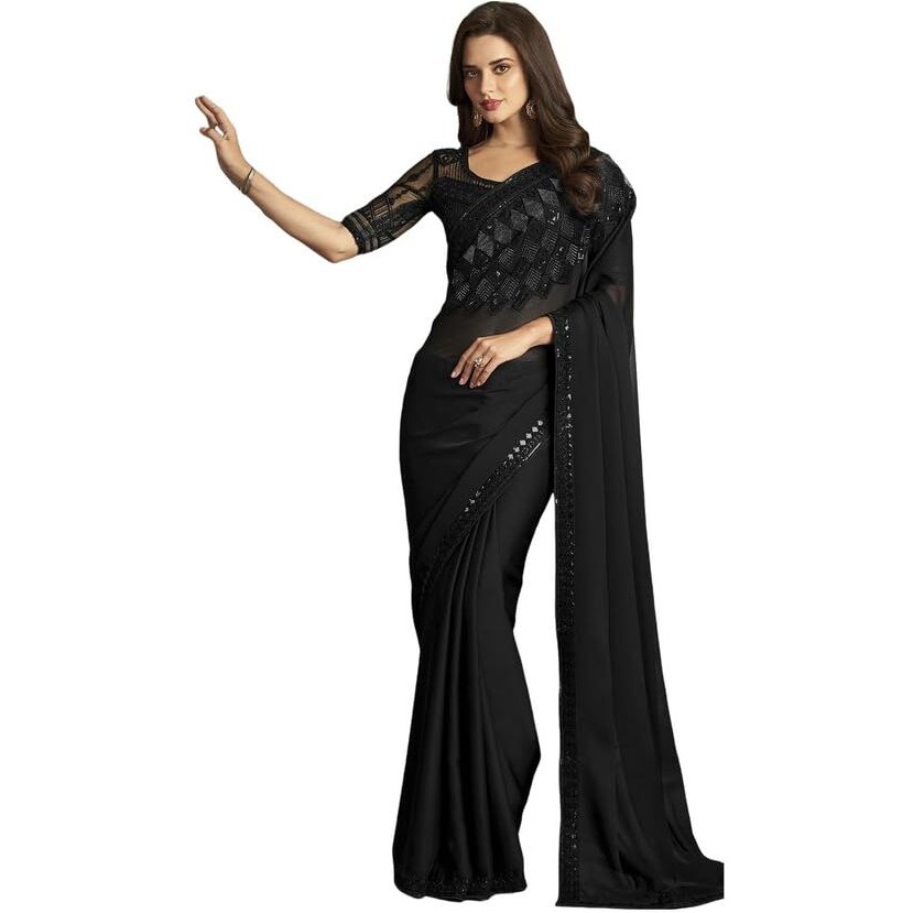 Satrani Womens Pure Chiffon Saree (3568S130N_Black)