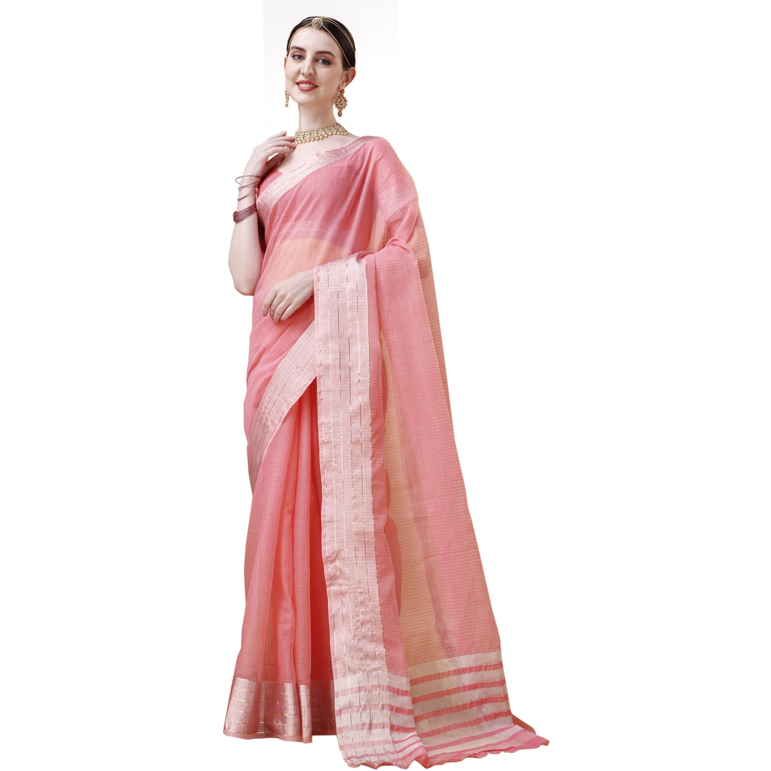 EthnicJunction Womens Cotton Linen Woven Saree With Blouse Piece (Peach)