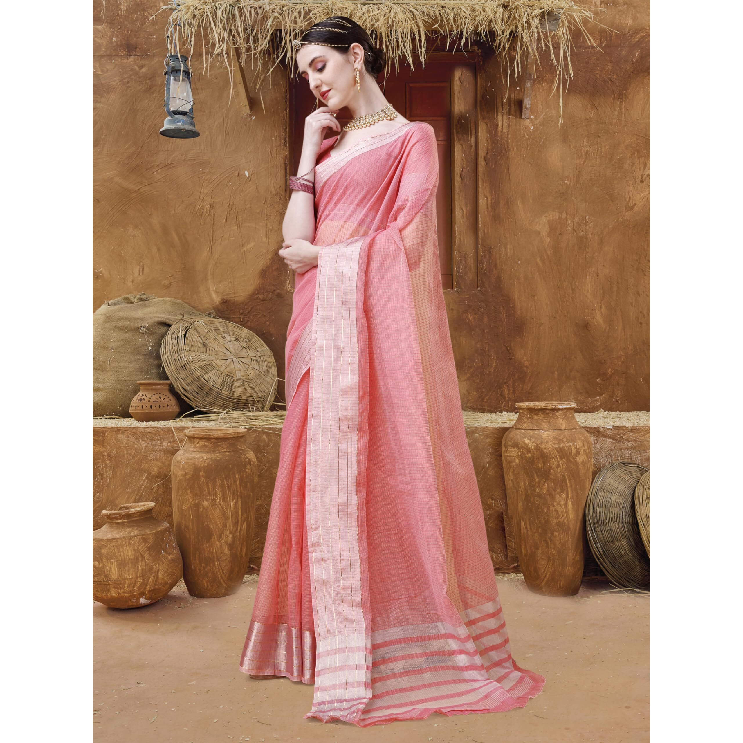 EthnicJunction Womens Cotton Linen Woven Saree With Blouse Piece (Peach)