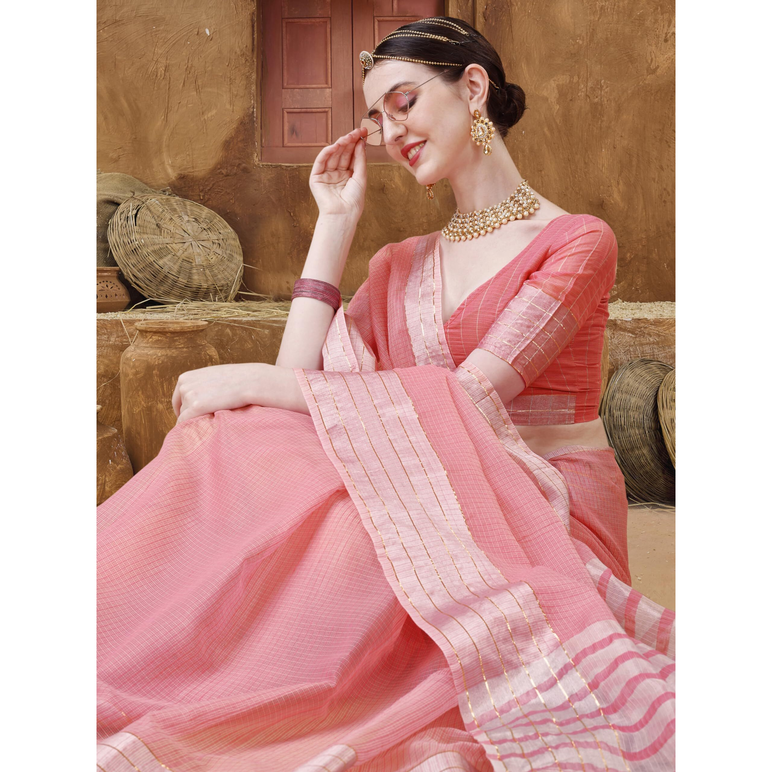 EthnicJunction Womens Cotton Linen Woven Saree With Blouse Piece (Peach)