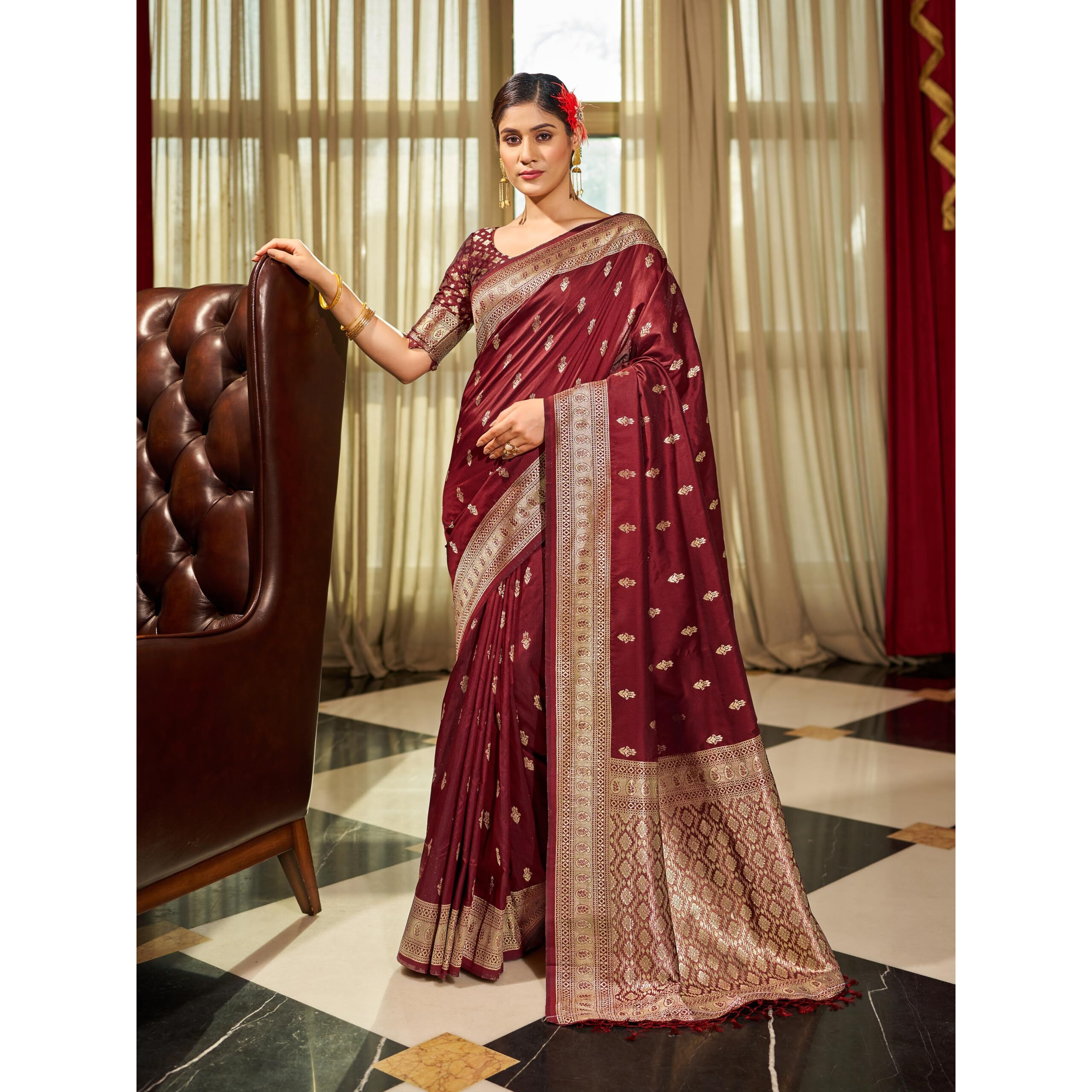 SWORNOF Womens Kanjivaram Sequence Sarees For Women Kanchipuram Saree With Boluse Piece (Maroon, Silk)