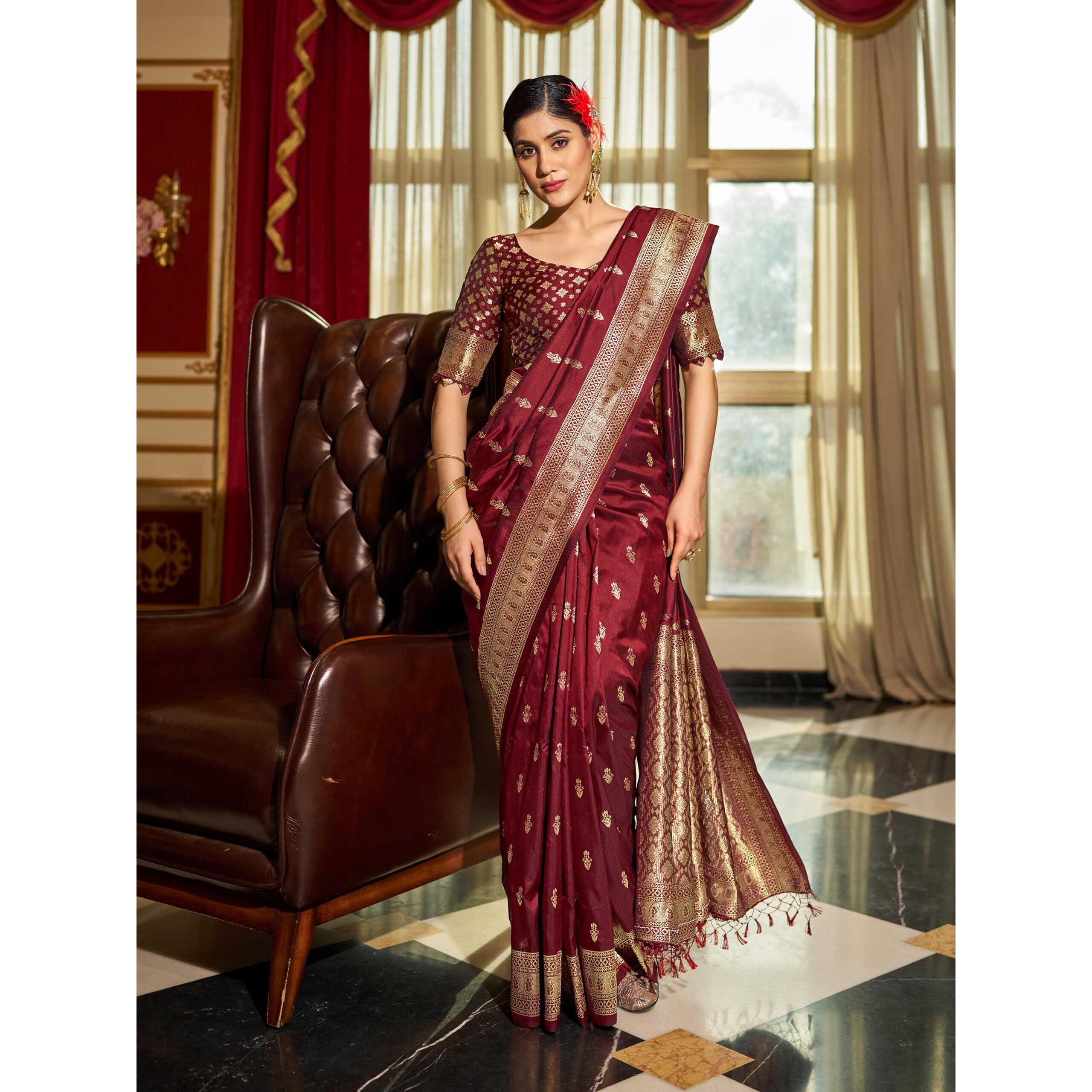 SWORNOF Womens Kanjivaram Sequence Sarees For Women Kanchipuram Saree With Boluse Piece (Maroon, Silk)