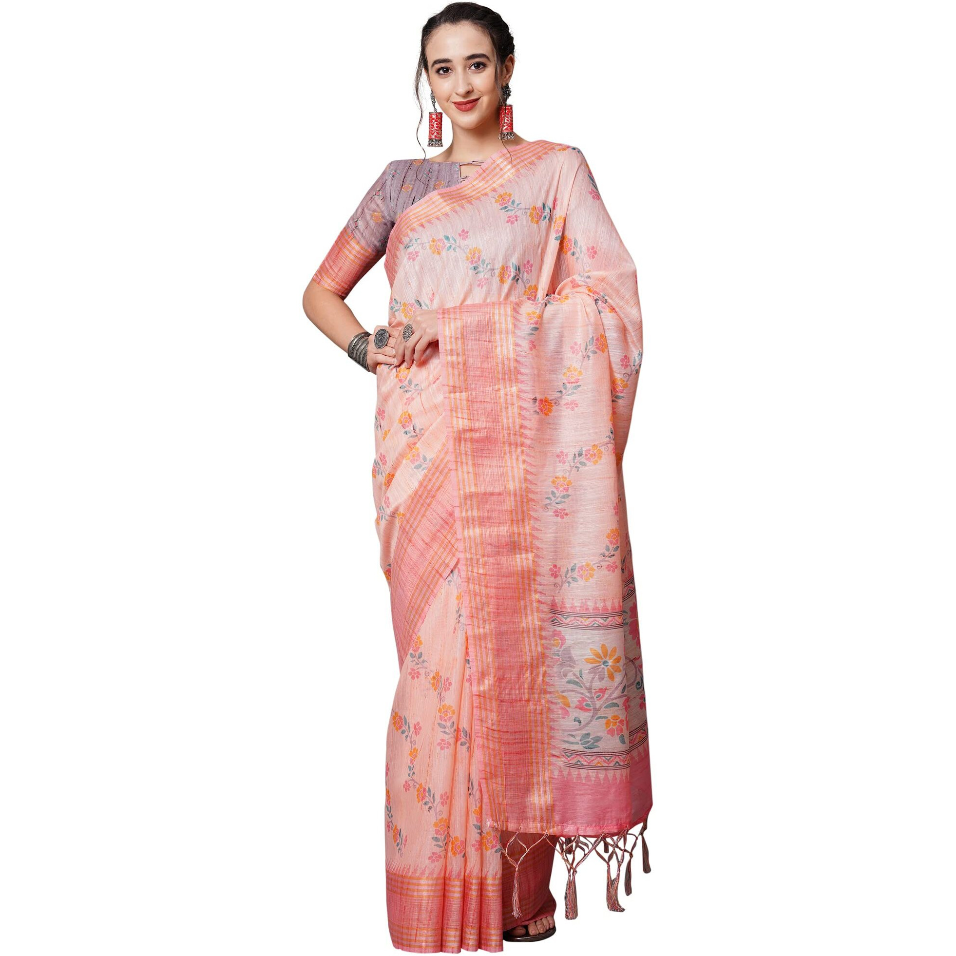 AKHILAM Womens Linen Floral Printed Saree with Unstitched Blouse Piece (Peach_SUSHM1205)