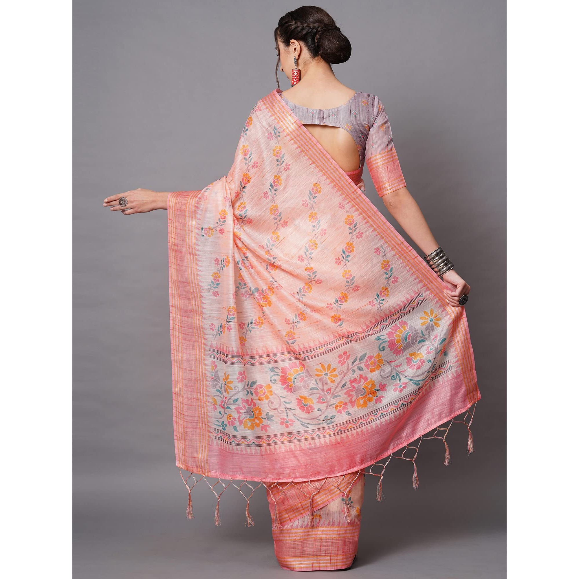 AKHILAM Womens Linen Floral Printed Saree with Unstitched Blouse Piece (Peach_SUSHM1205)