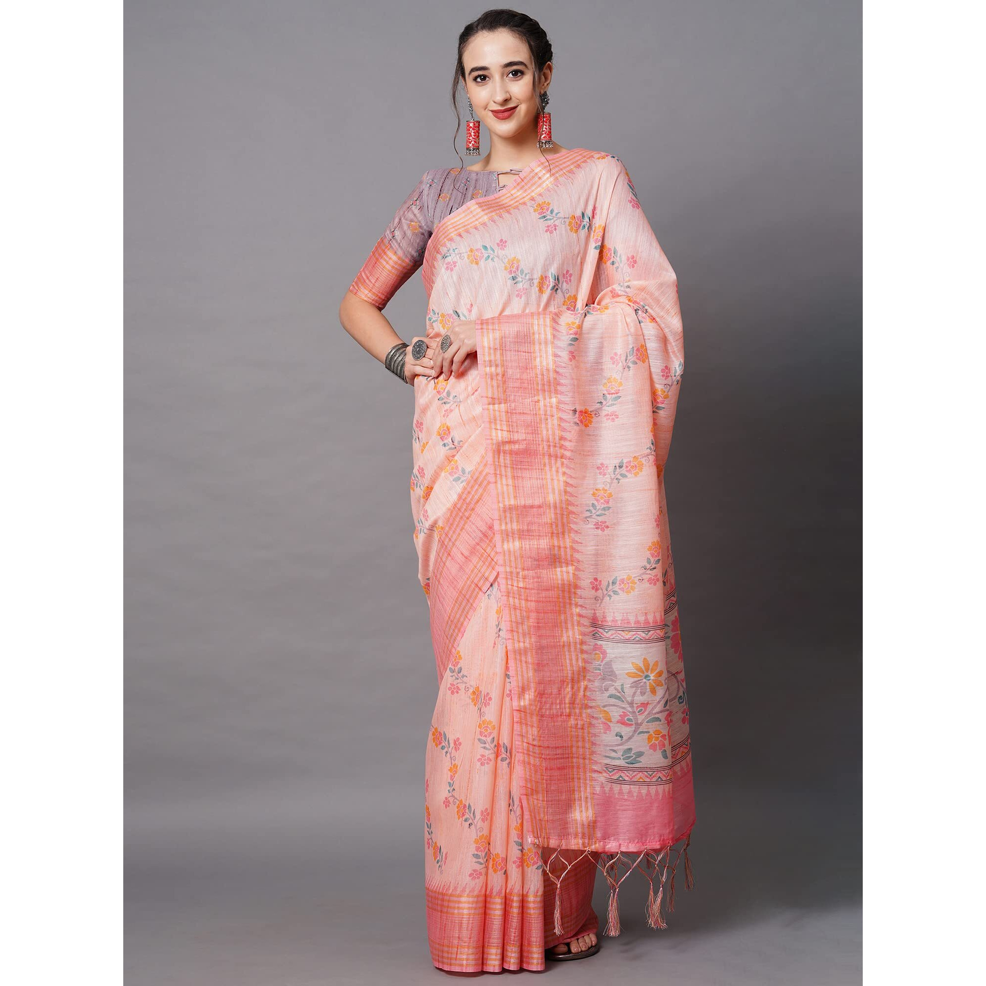 AKHILAM Womens Linen Floral Printed Saree with Unstitched Blouse Piece (Peach_SUSHM1205)