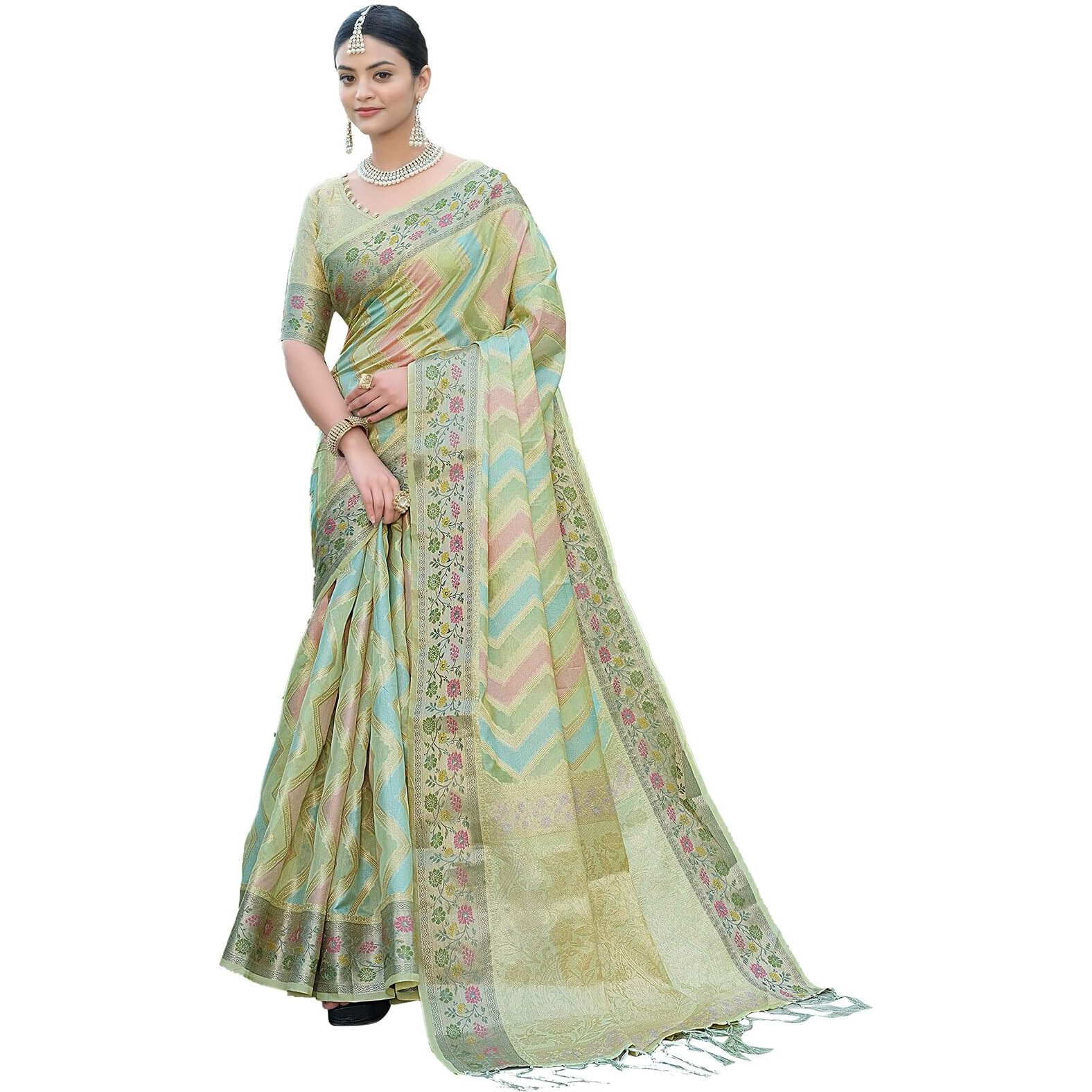 SIRIL Womens Banarasi Jacquard, Tassel Organza Saree with Unstitched Blouse(3086S145_Light Green)