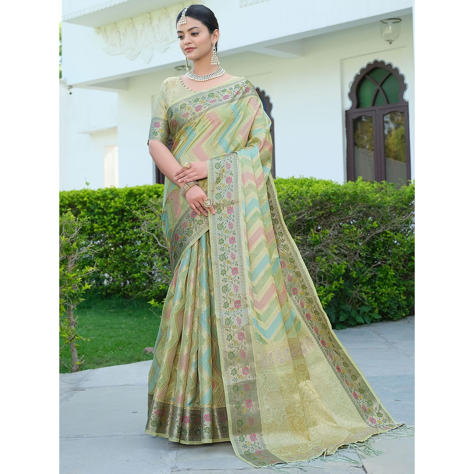 SIRIL Womens Banarasi Jacquard, Tassel Organza Saree with Unstitched Blouse(3086S145_Light Green)