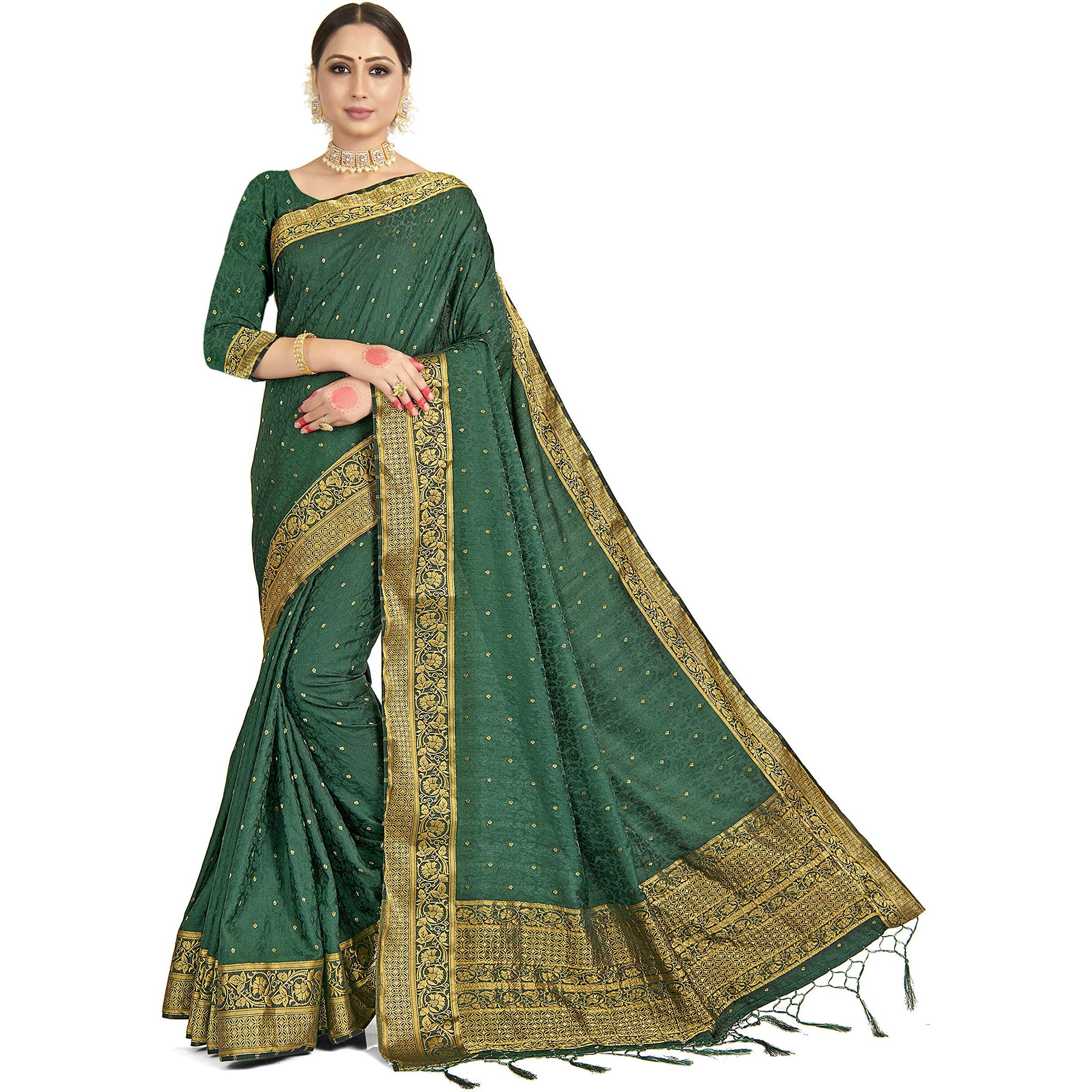 Vardha Womens Banarasi Satin Silk Saree with Unstitched Blouse Piece - Zari Woven Work Sarees for Wedding (173, Dark Bottle Green)