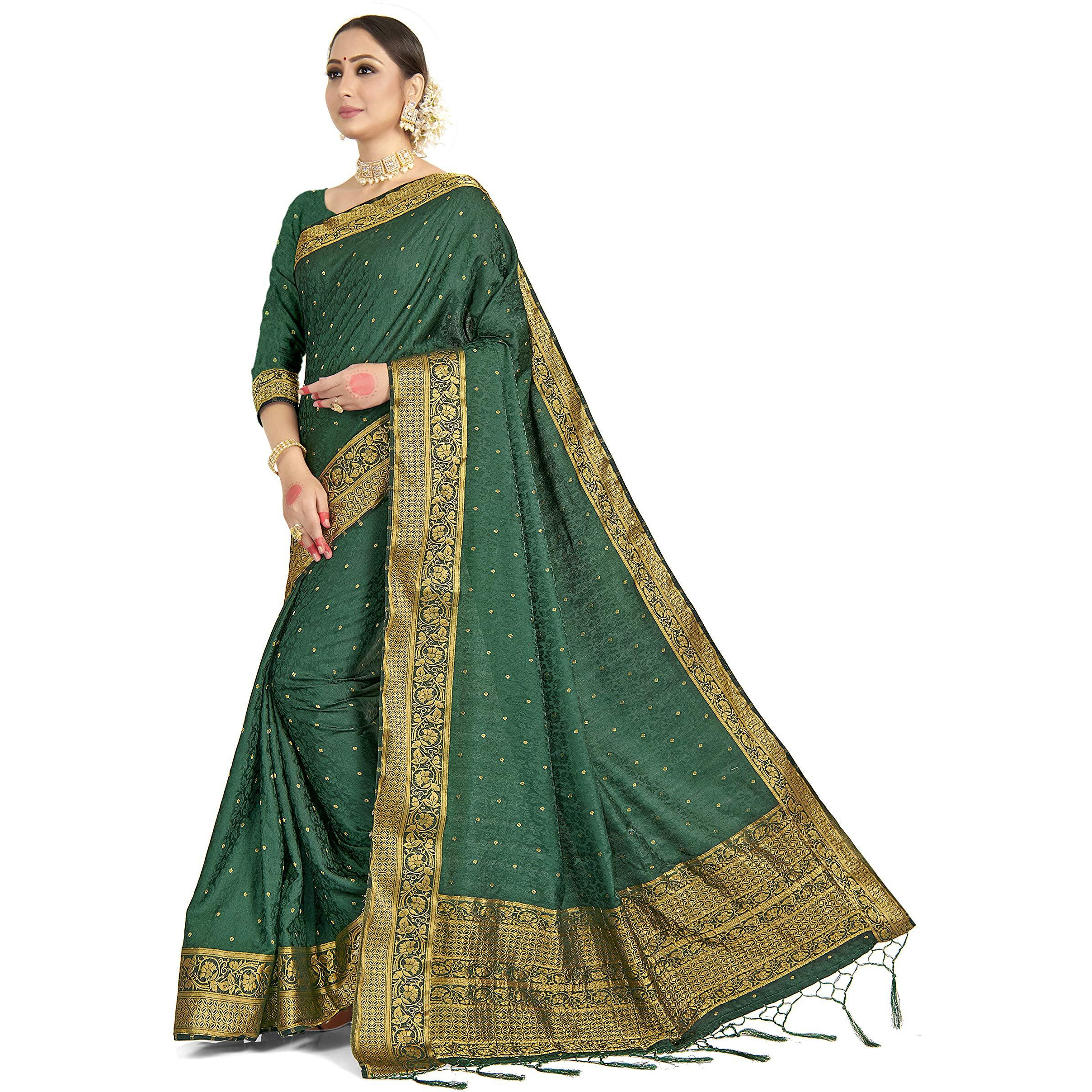 Vardha Womens Banarasi Satin Silk Saree with Unstitched Blouse Piece - Zari Woven Work Sarees for Wedding (173, Dark Bottle Green)